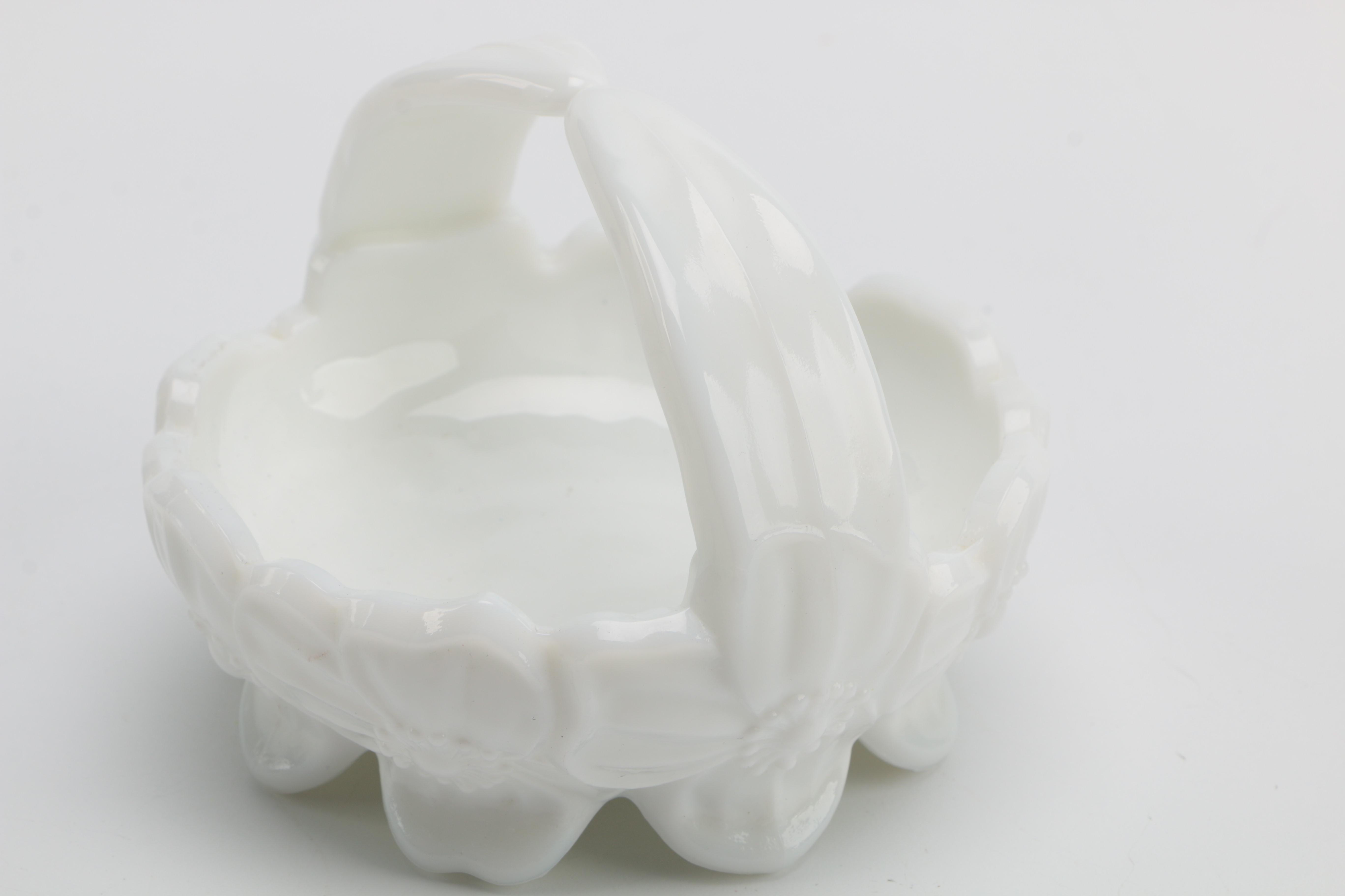 White Milk Glass Vases and Small Basket