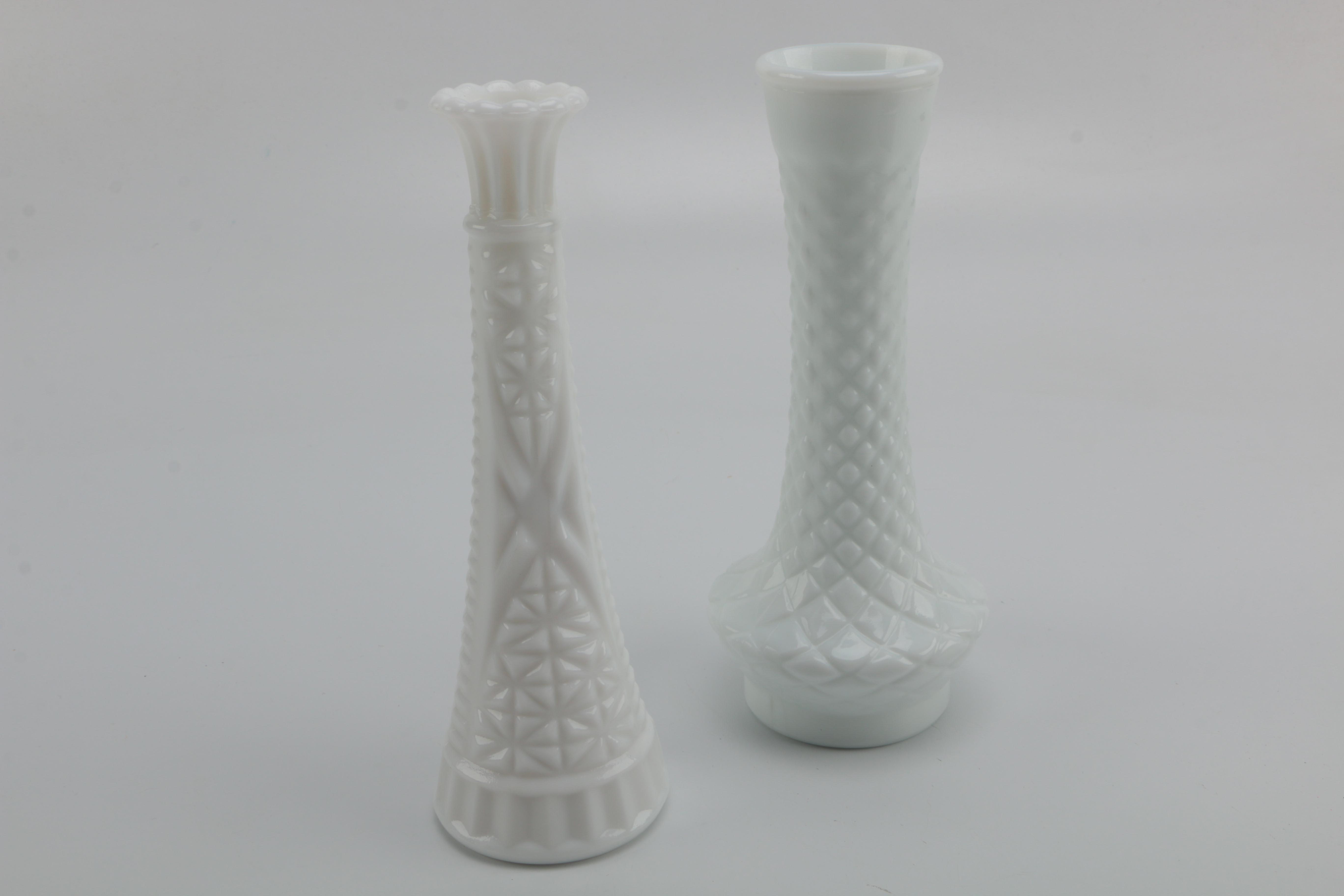 White Milk Glass Vases and Small Basket