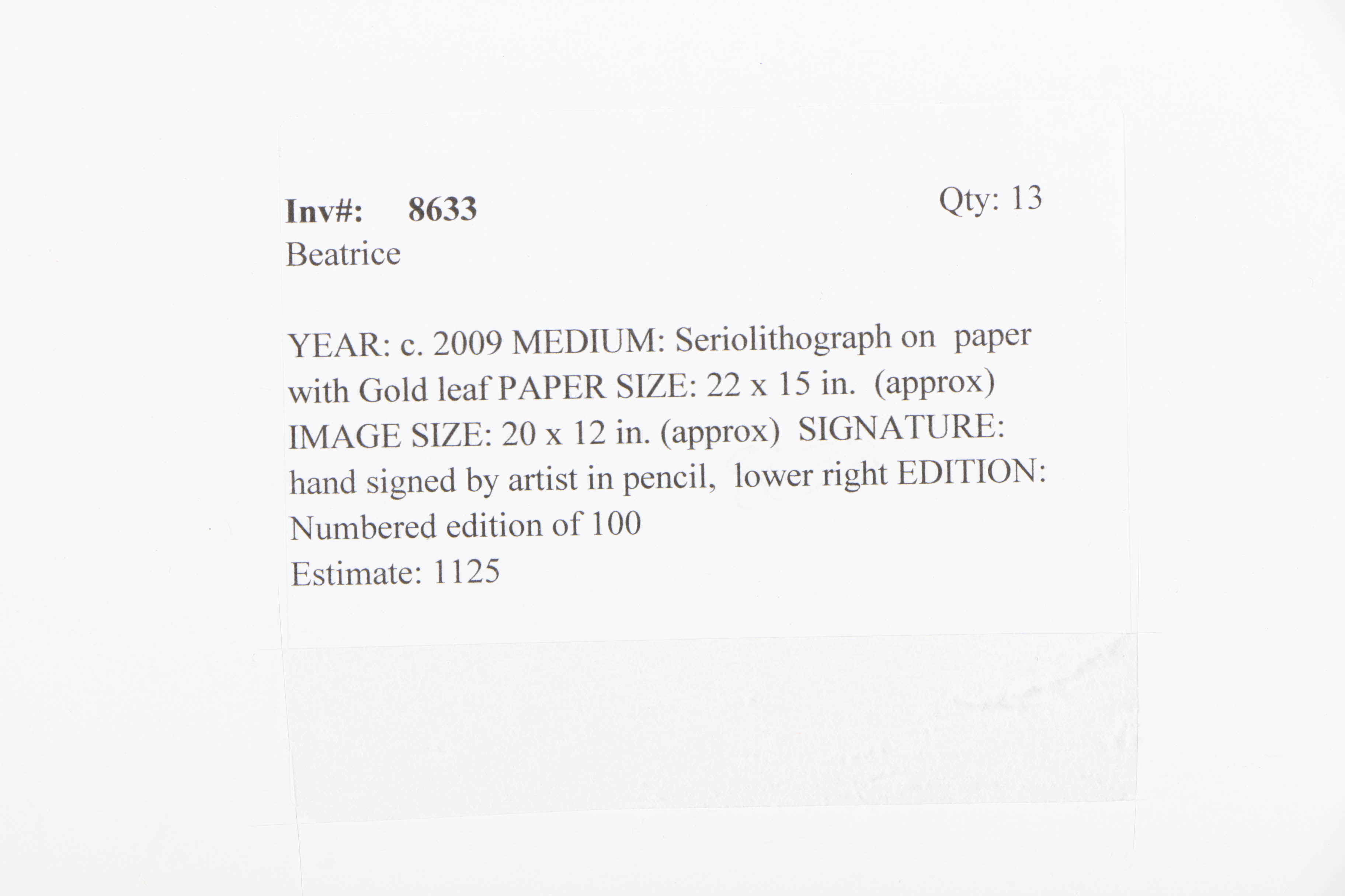 Gary Benfield Signed Limited Edition Giclée on Paper "Beatrice"