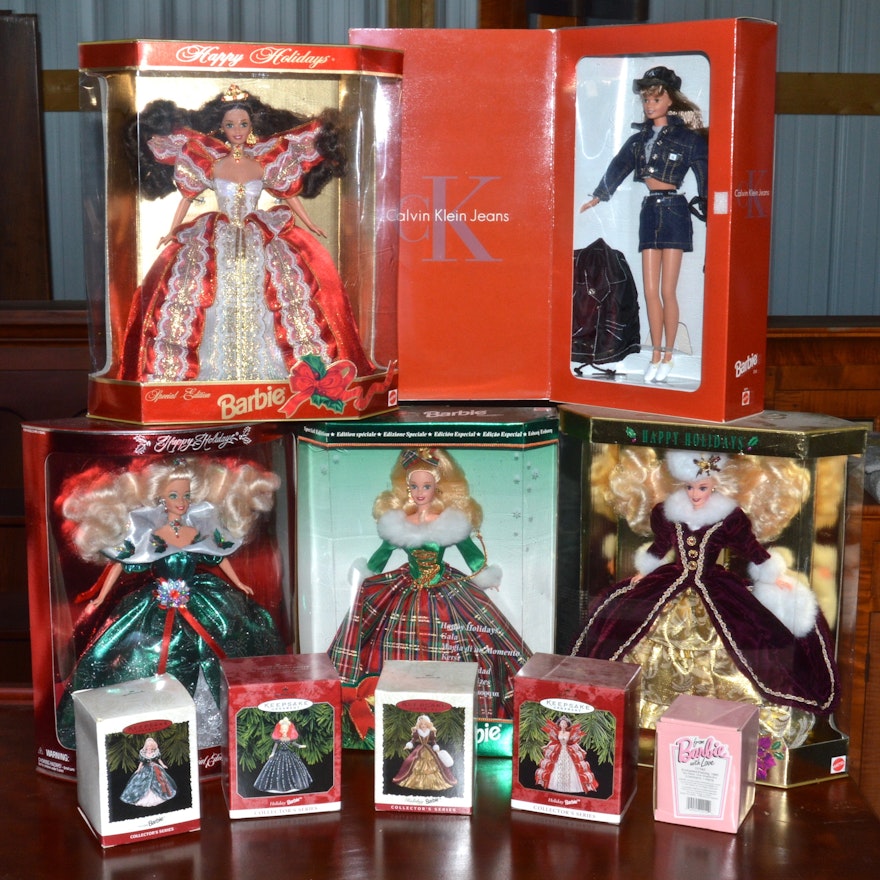 Holiday Barbies and Barbie Hallmark Ornaments