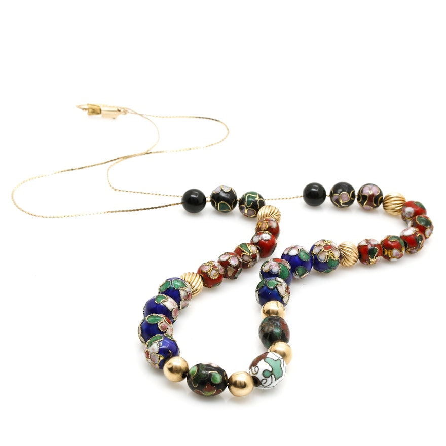 14K Yellow Gold Black Onyx and Cloisonne Necklace