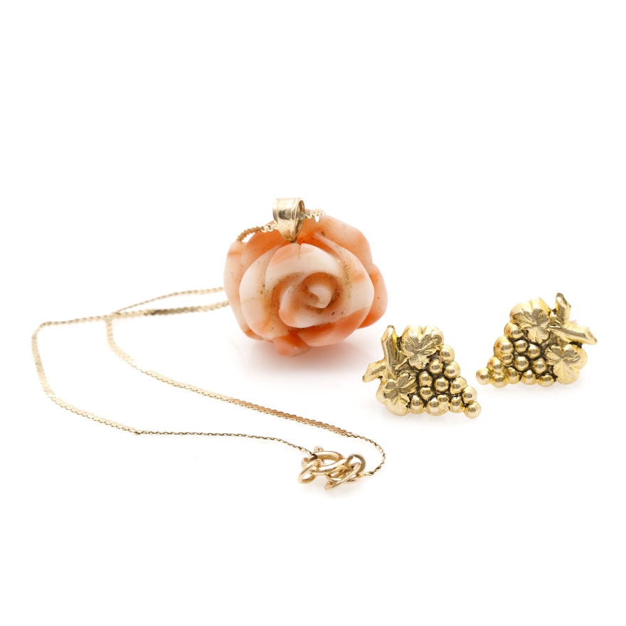 14K Yellow Gold Coral Flower Pendant Bracelet and Grape Stud Earrings