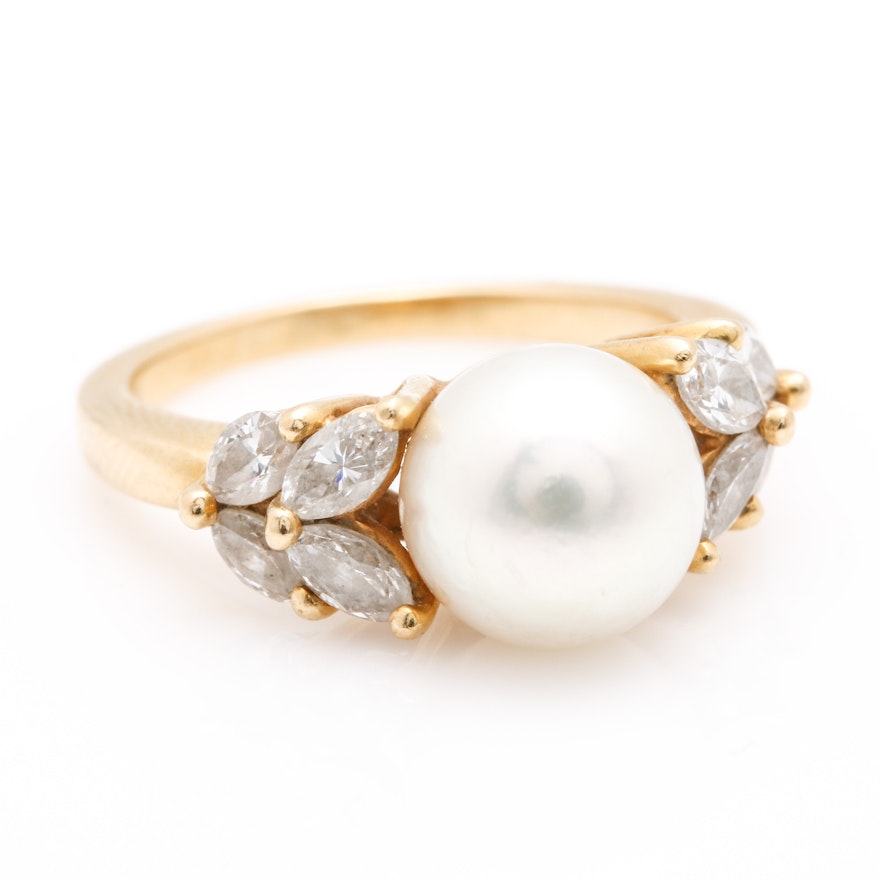 Tiffany & Co. 18K Yellow Gold Cultured Pearl and Diamond Ring