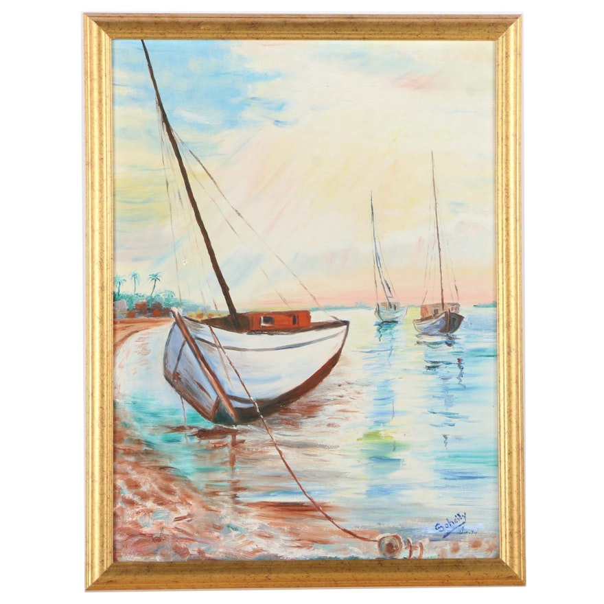 Soheily Oil Painting on Canvas Board of a Docked Boat