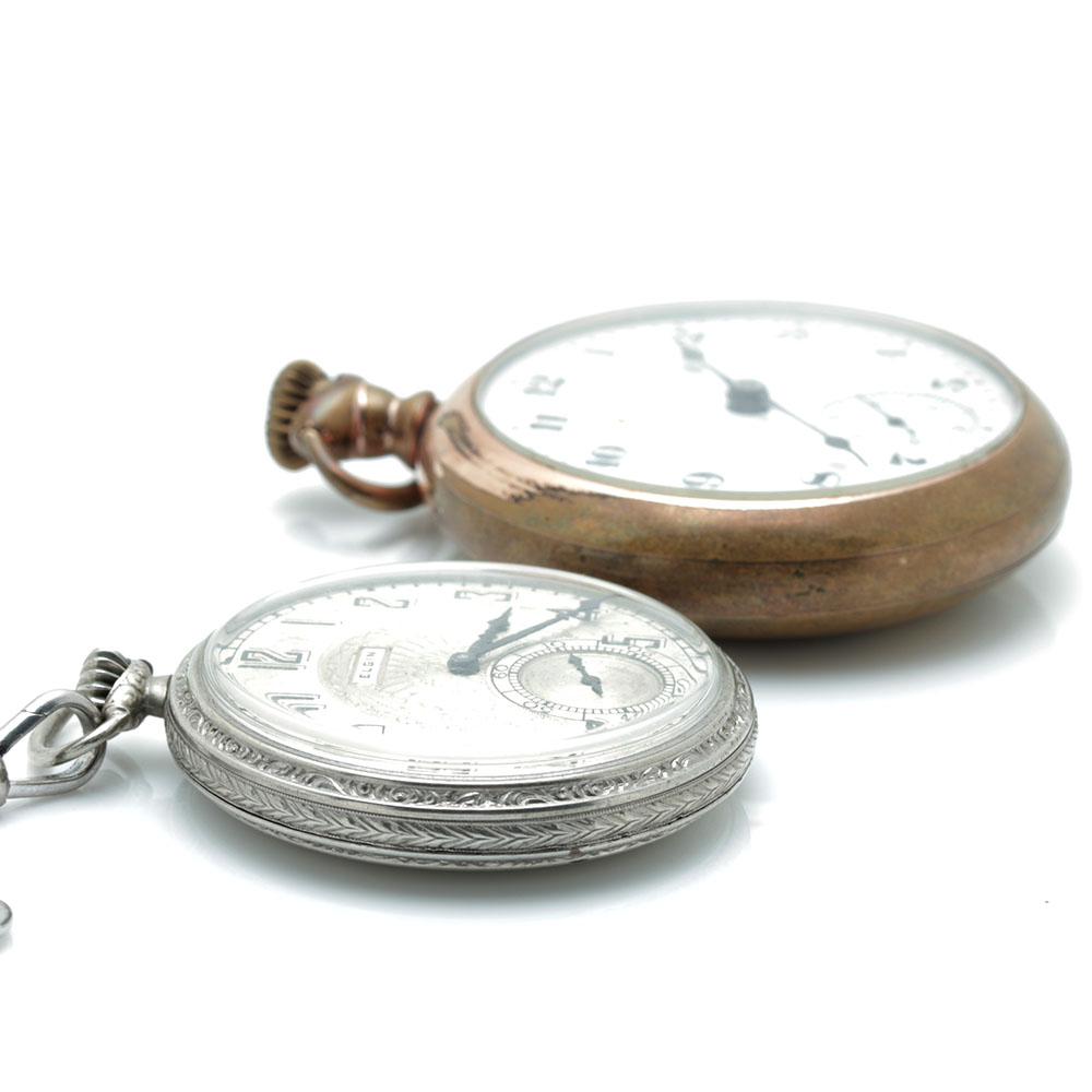 Circa 1920s Elgin Pocket Watches Including Fob Chain