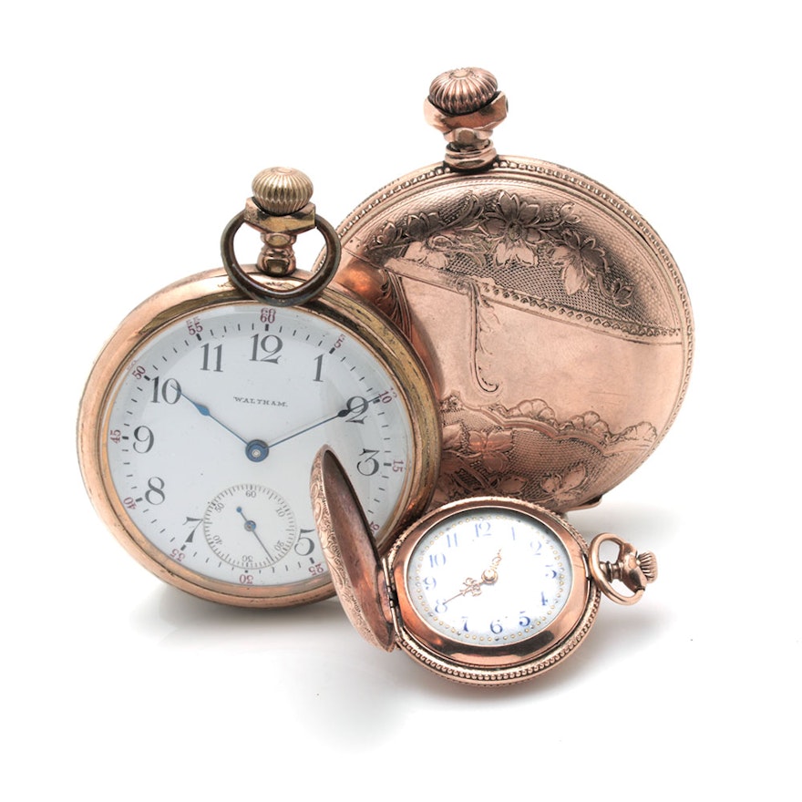 Antique Circa 1879 - 1903 American Waltham, Waltham, and Unmarked Gold Filled Pocket Watches