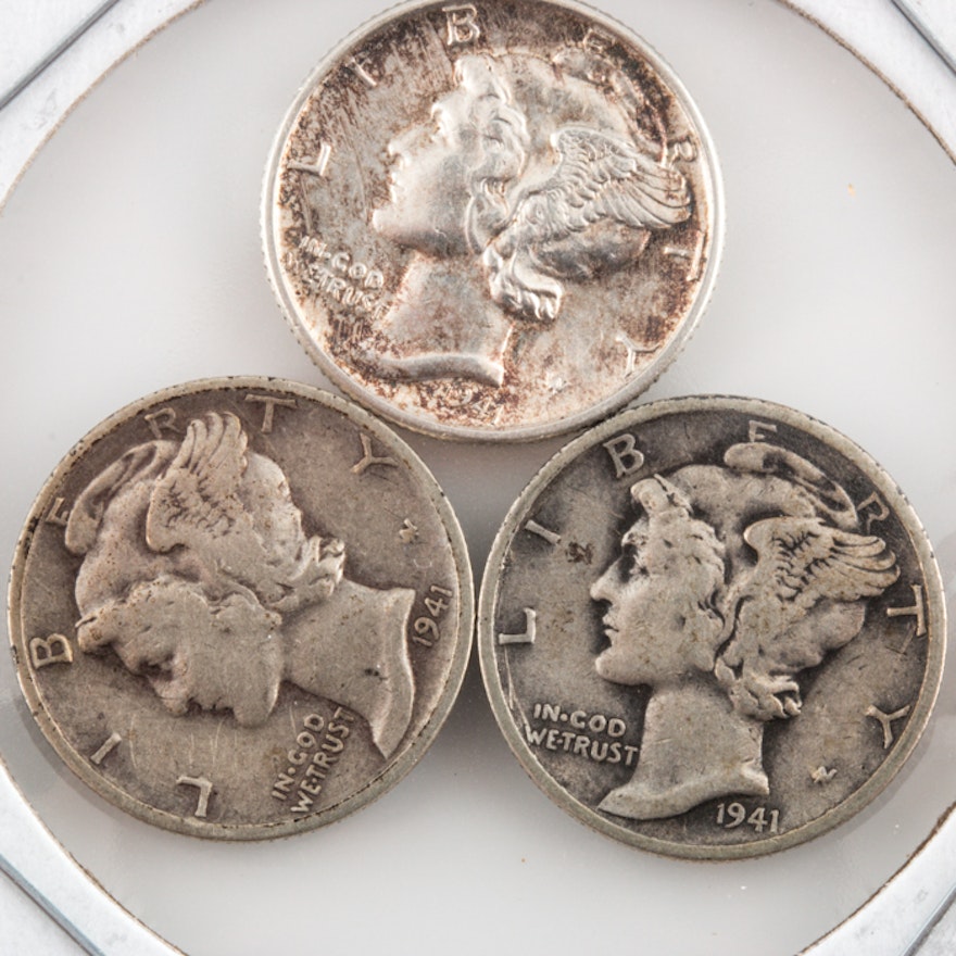 Group of Three Silver Mercury Dimes Including the Following: 1941, 1941 D, and 1941 S