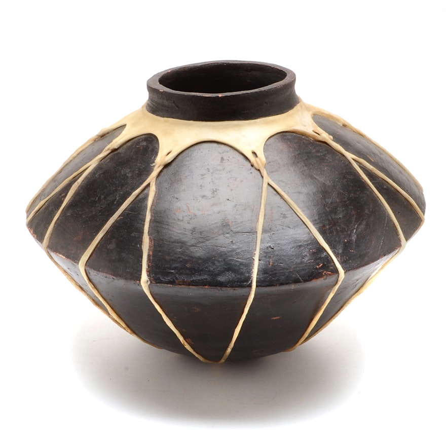Mexican Tarahumara Raramuri Style Clay Pot with Rawhide