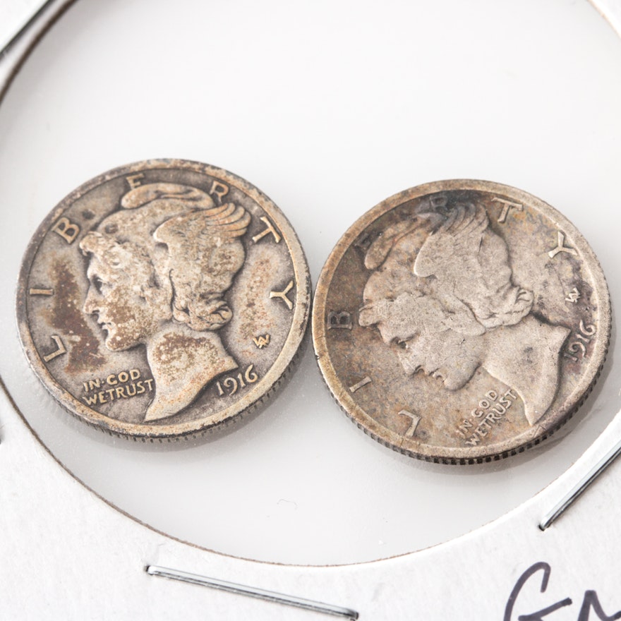 Group of Two Silver Mercury Dimes Including the Following: 1916 and 1916 S