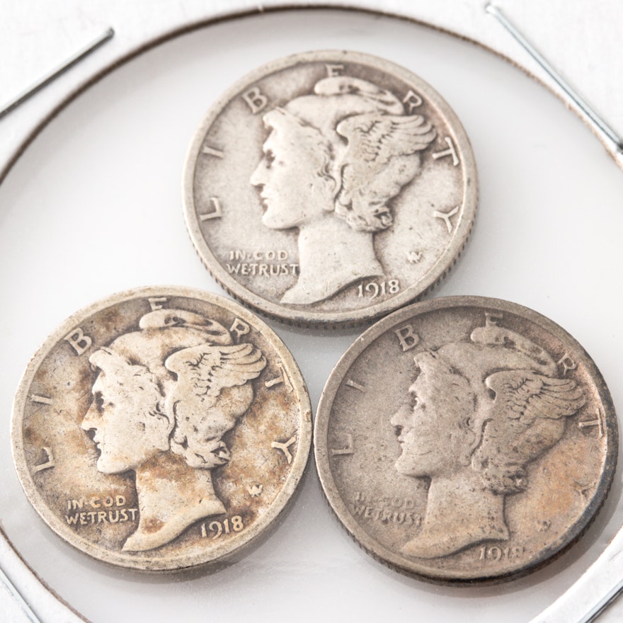 Group of Three Silver Mercury Dimes Including the Following: 1918, 1918 D, and 1918 S