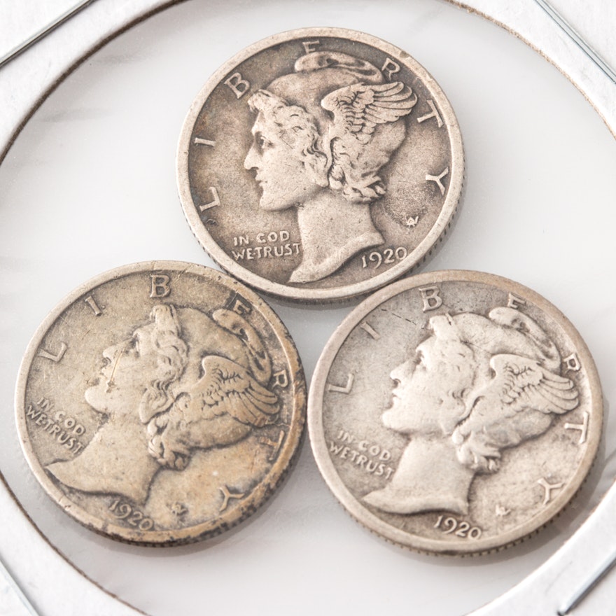 Group of Three Silver Mercury Dimes Including the Following: 1920, 1920 D, and 1920 S