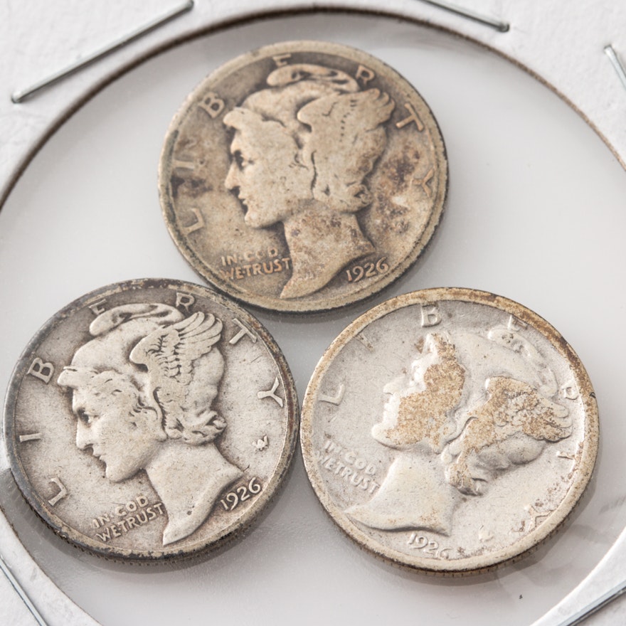 Group of Three Silver Mercury Dimes Including the Following: 1926, 1926 D, and 1926 S