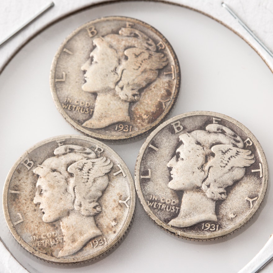 Group of Three Silver Mercury Dimes Including the Following: 1931, 1931 D, and 1931 S