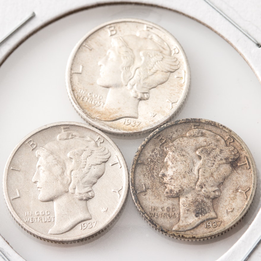 Group of Three Silver Mercury Dimes Including the Following: 1937, 1937 D, and 1937 S