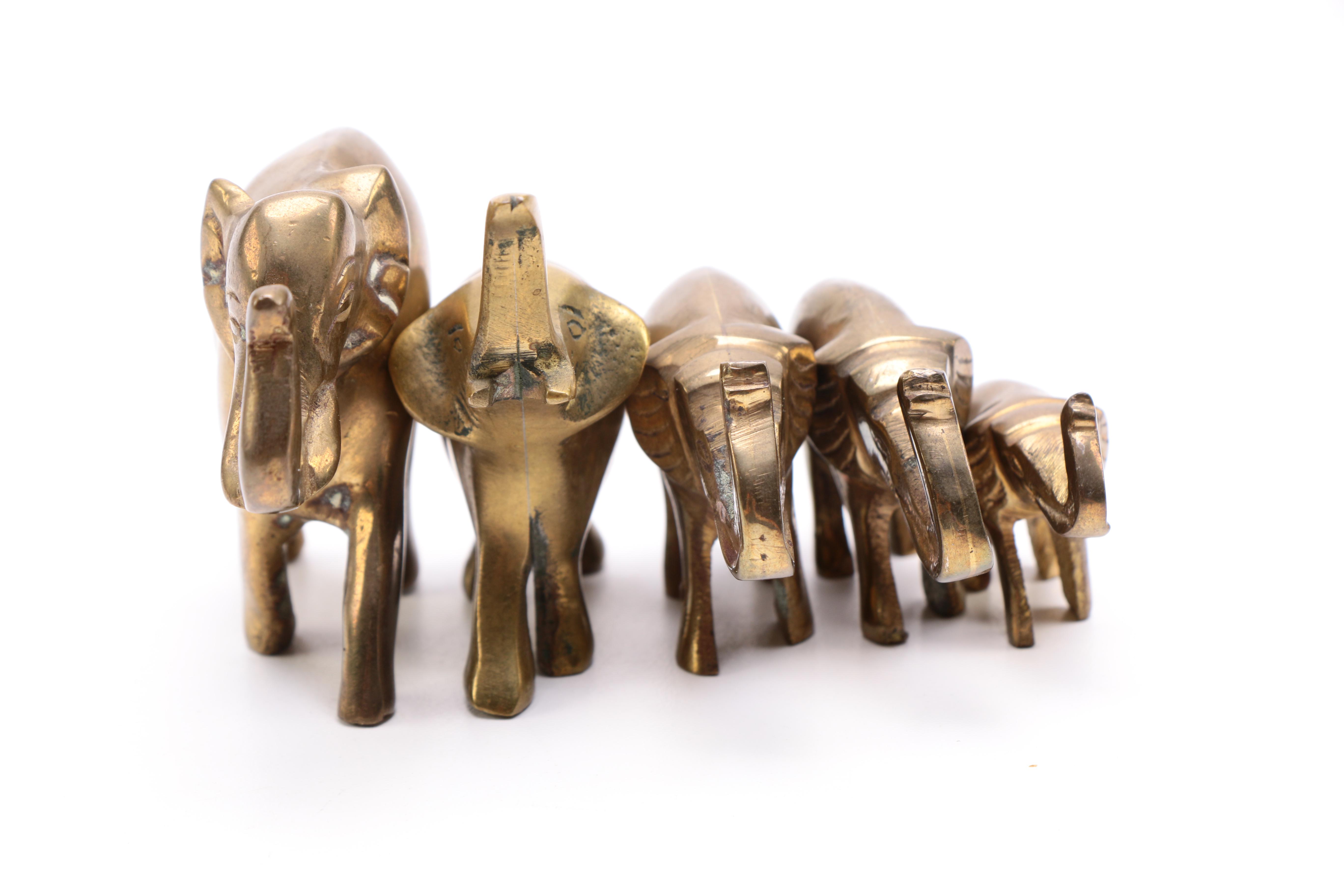 A Collection of Five Brass Elephants