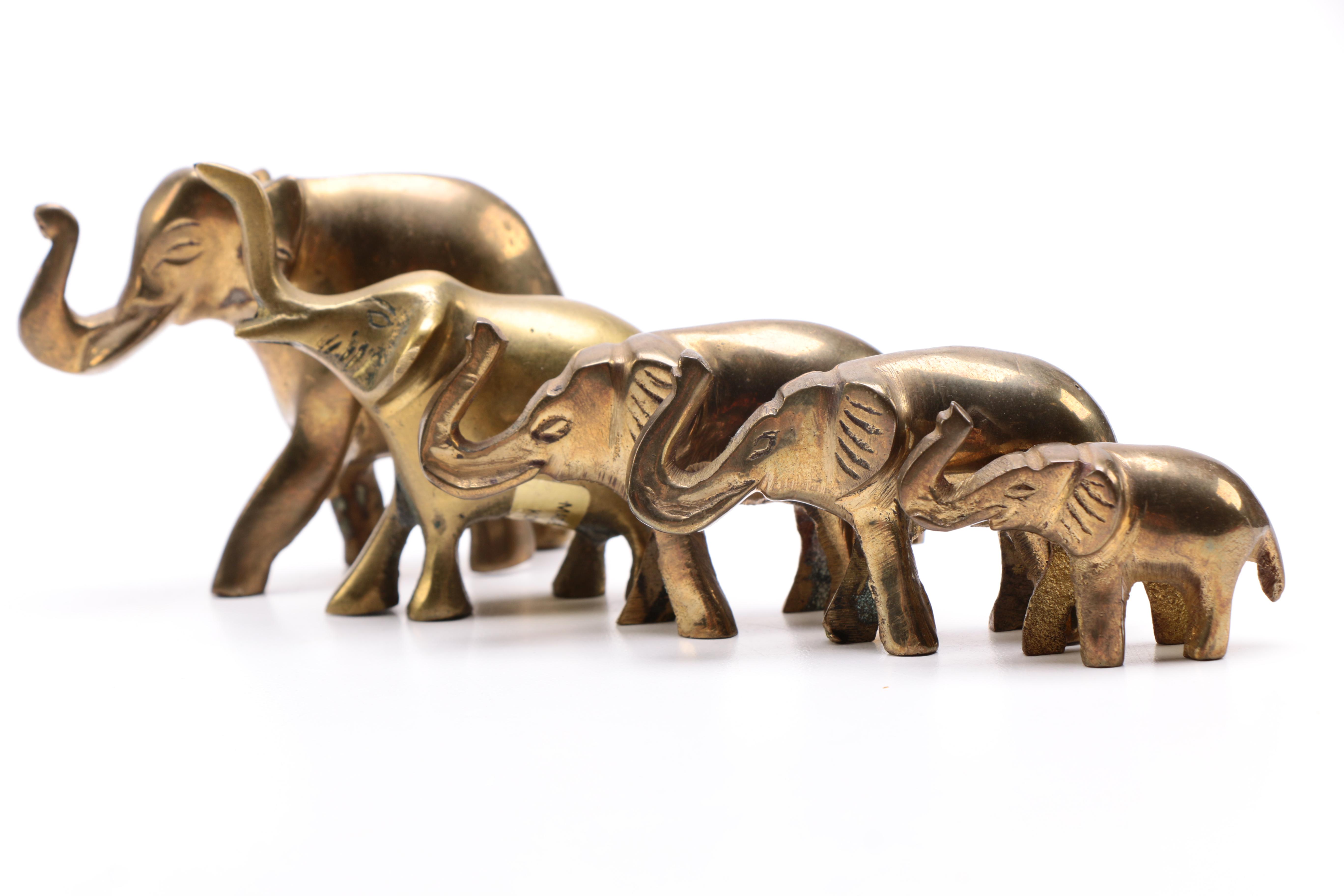 A Collection of Five Brass Elephants