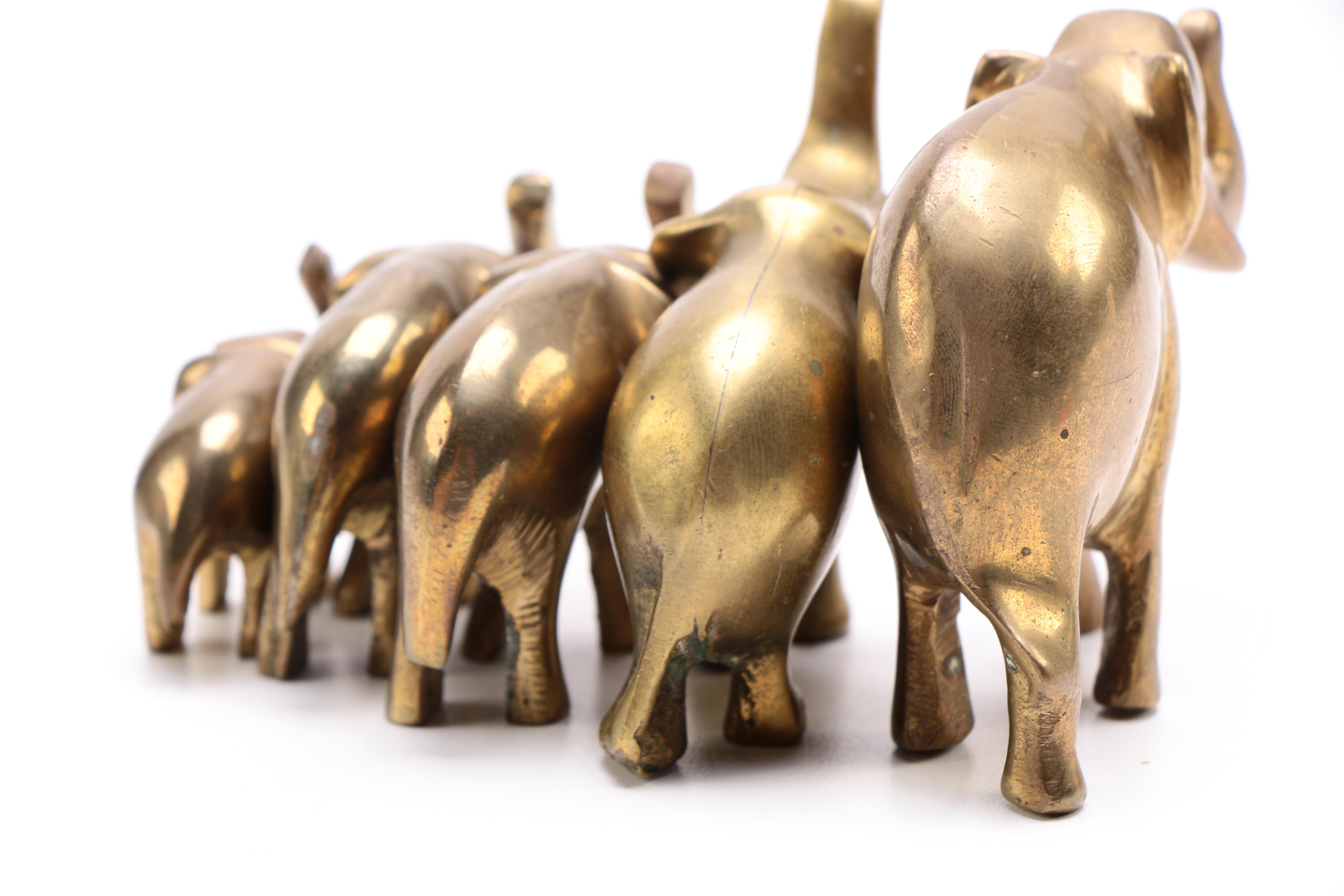 A Collection of Five Brass Elephants