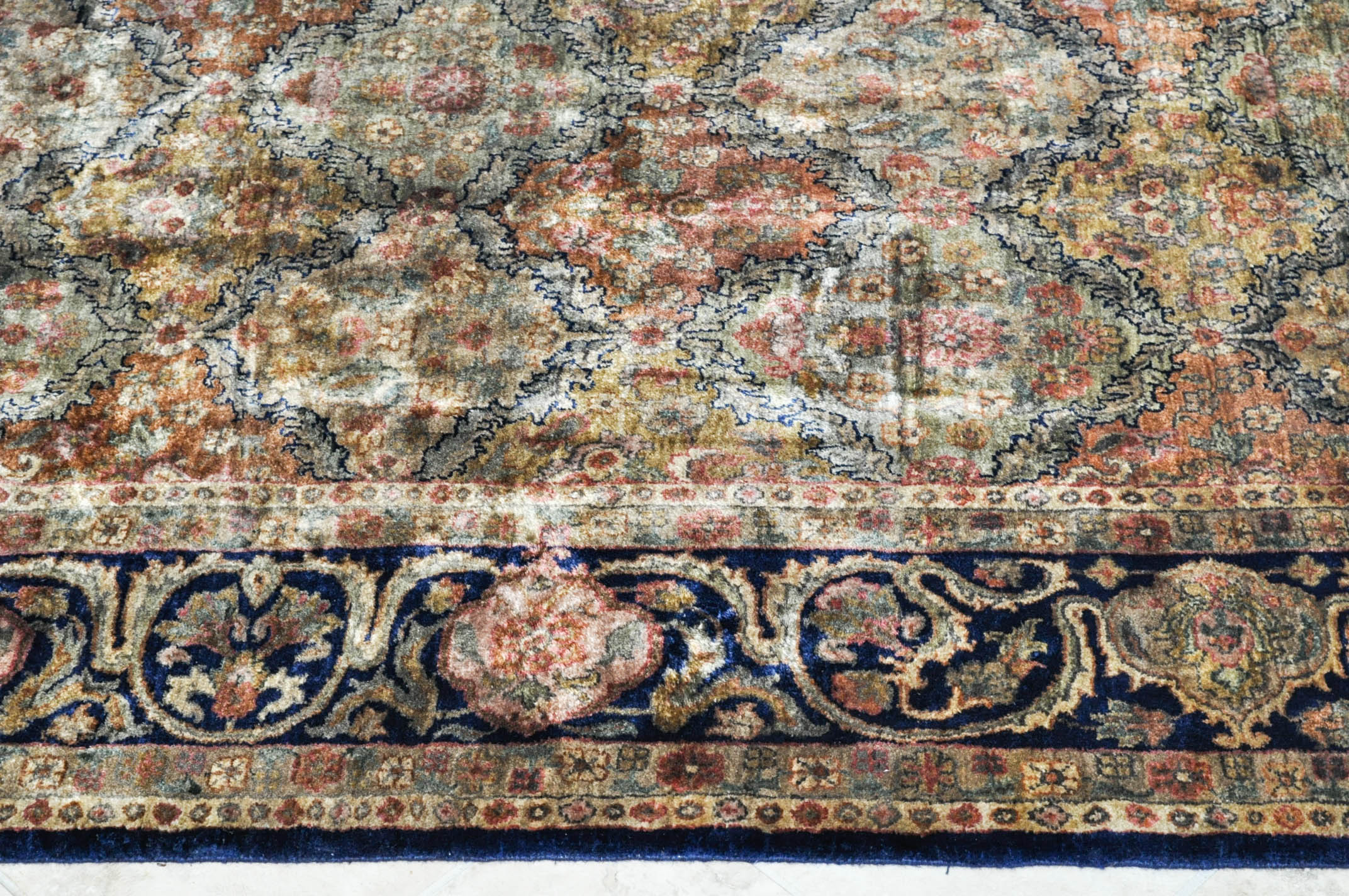 Hand-Knotted Silk or Art Silk Blend Persian-Style Area Rug