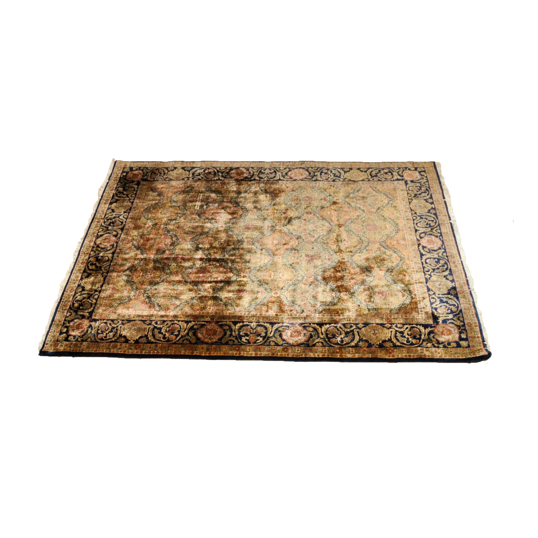 Hand-Knotted Silk or Art Silk Blend Persian-Style Area Rug