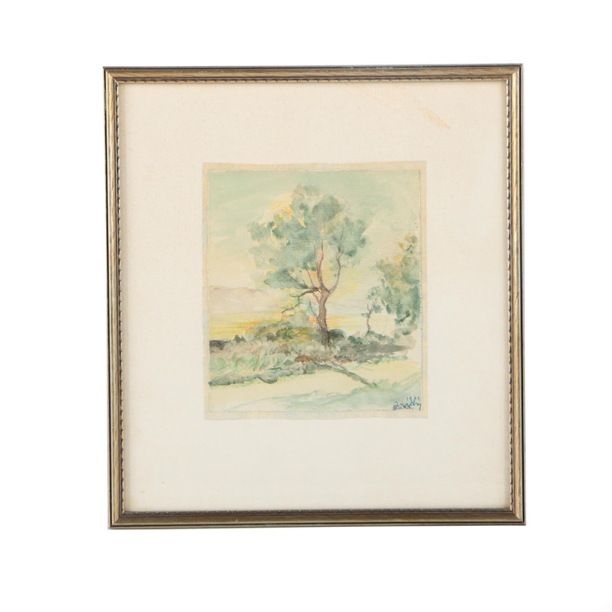 Watercolor on Paper of Tree in a Green Landscape