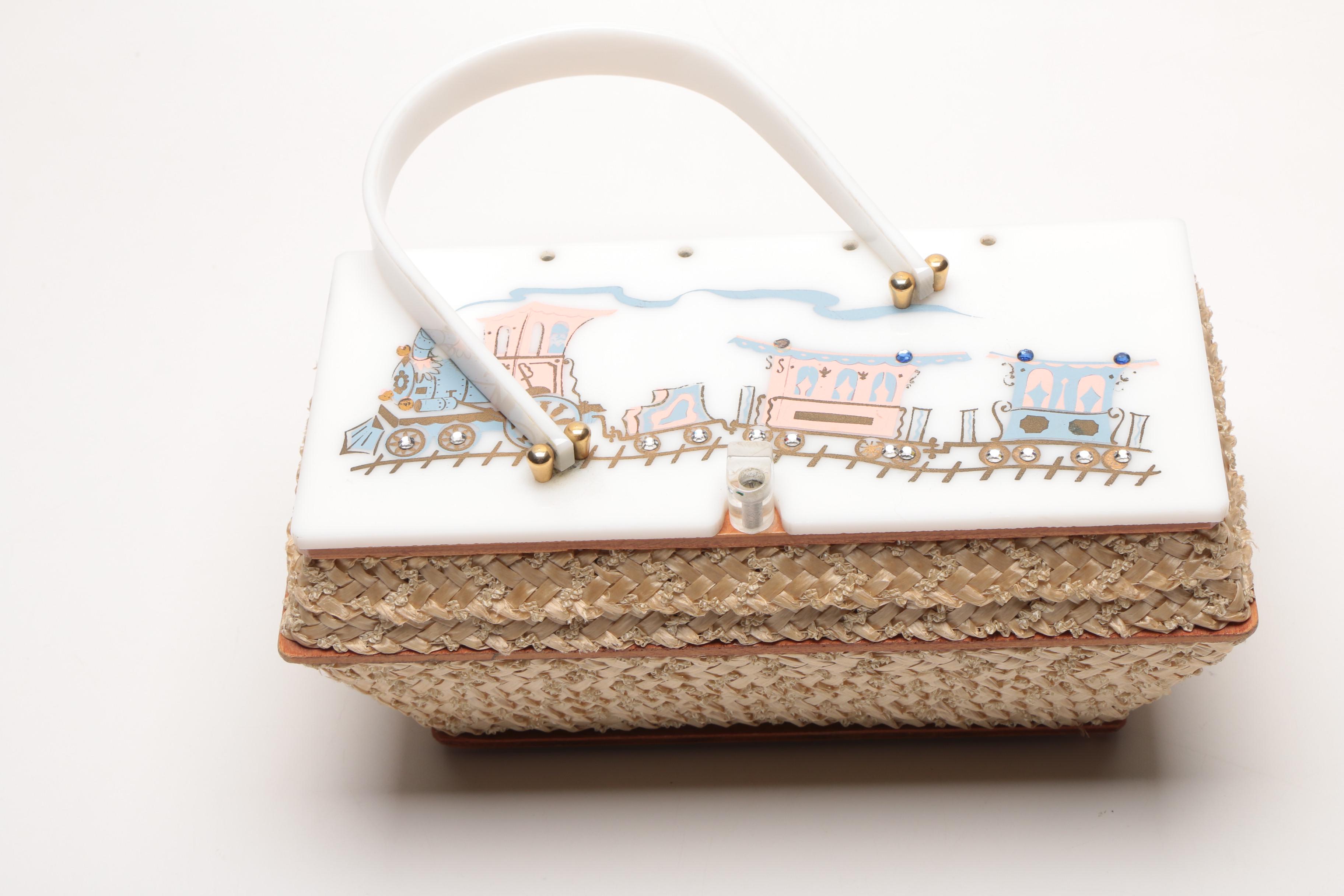 Circa 1950s Leslie of Miami Painted Woven Box Purse