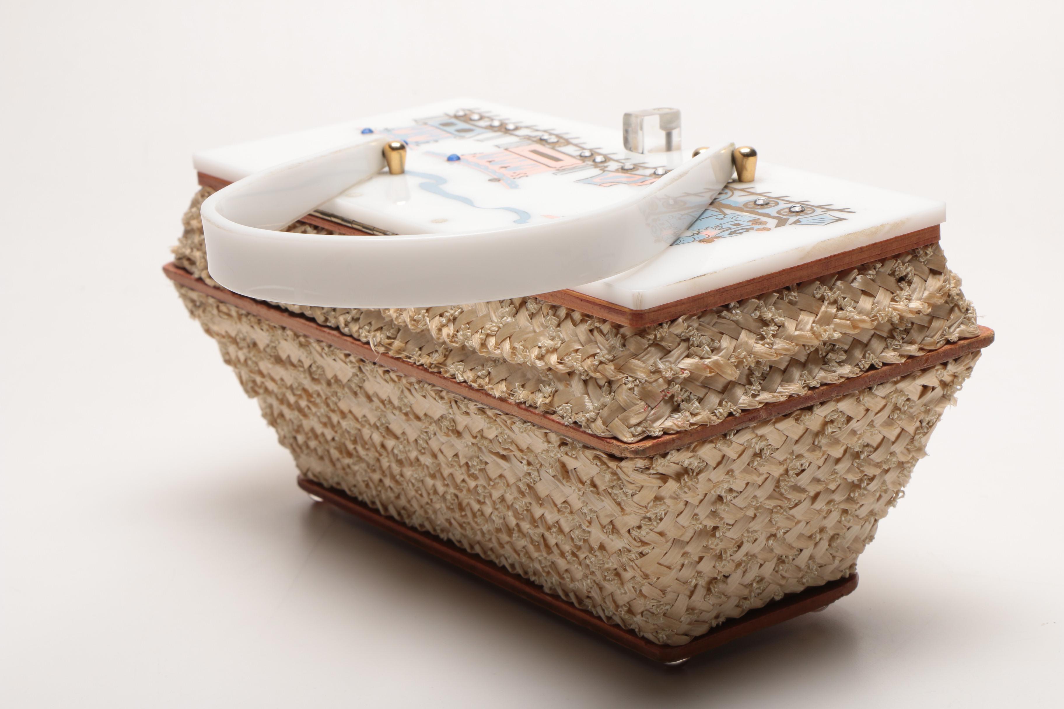 Circa 1950s Leslie of Miami Painted Woven Box Purse