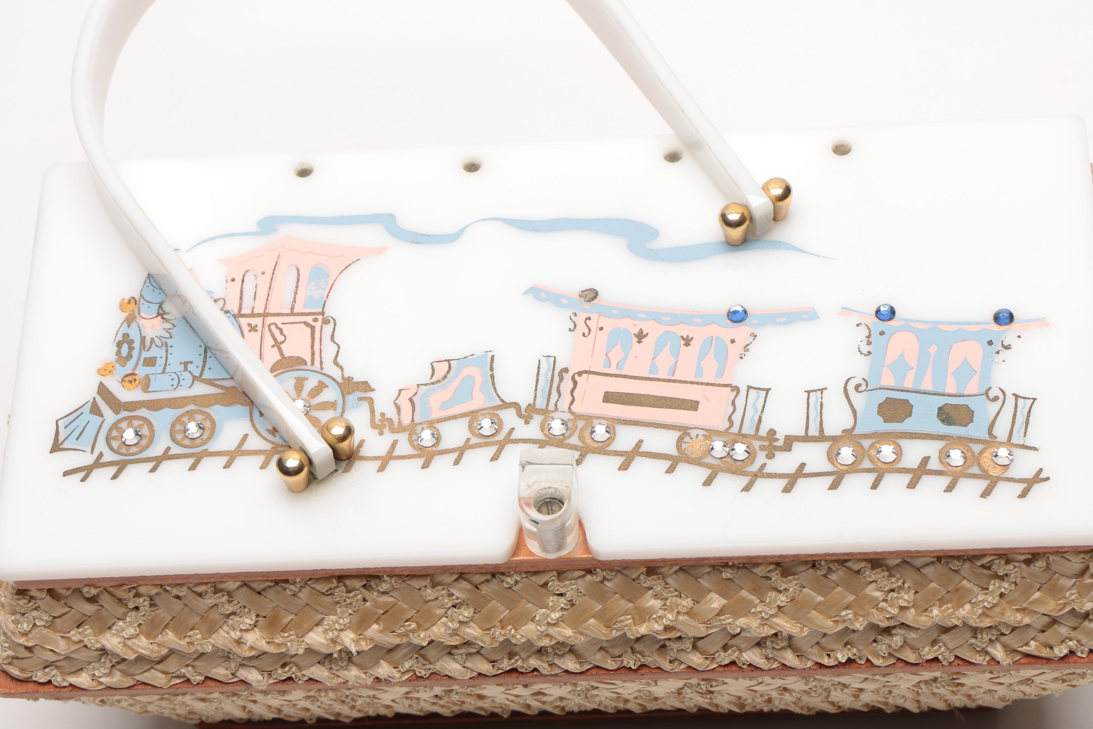 Circa 1950s Leslie of Miami Painted Woven Box Purse