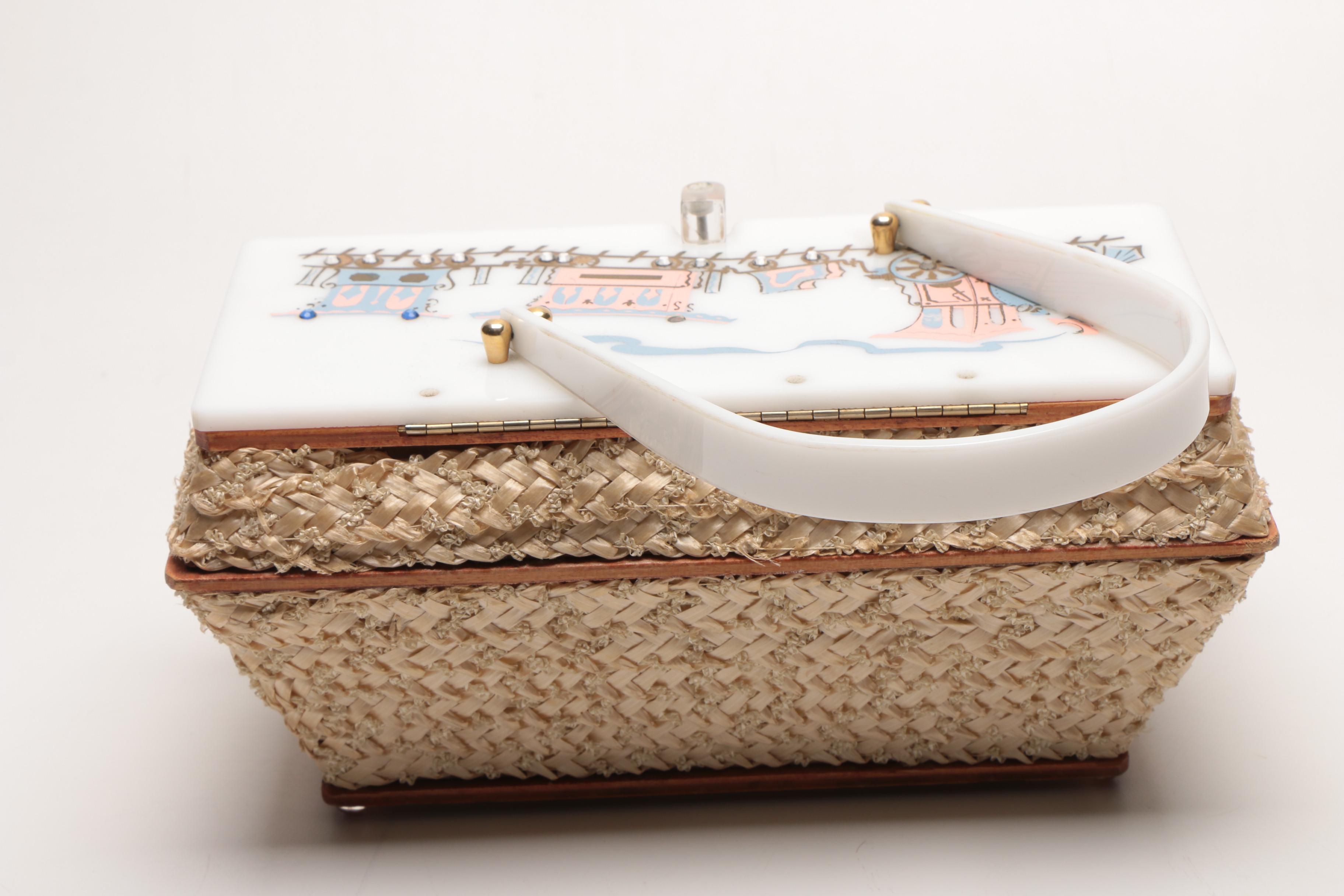 Circa 1950s Leslie of Miami Painted Woven Box Purse
