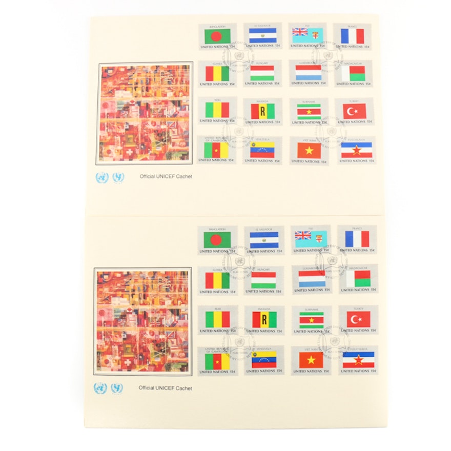 Pair of 1980 First Day of Issue United Nations Flag Stamps