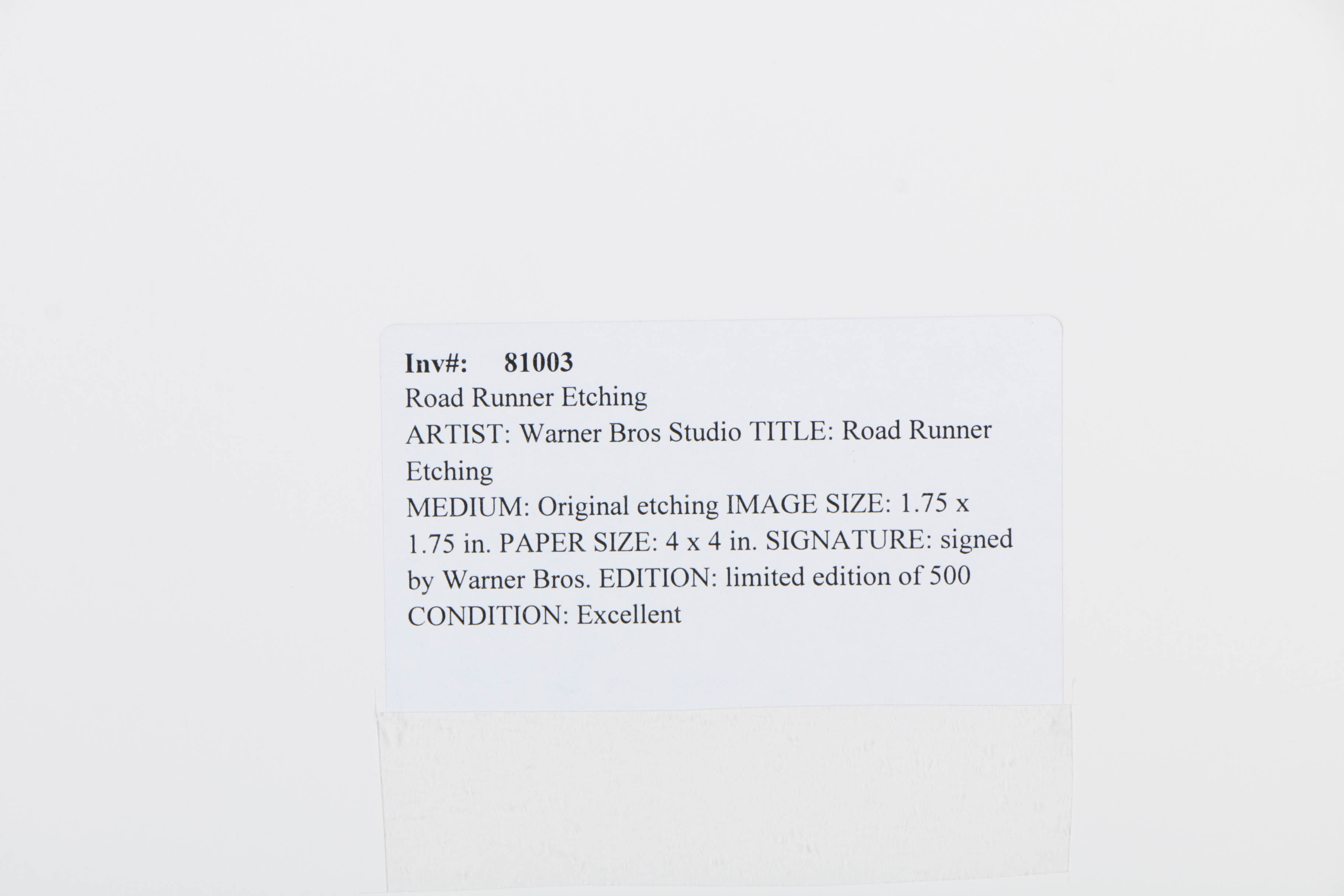 Warner Bros Studio Limited Edition Etching on Paper "Road Runner