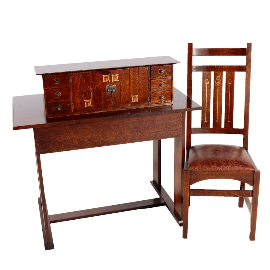 Mission Style "Harvey Ellis" Desk, Deck and Side Chair by L. & J.G. Stickley, Inc.