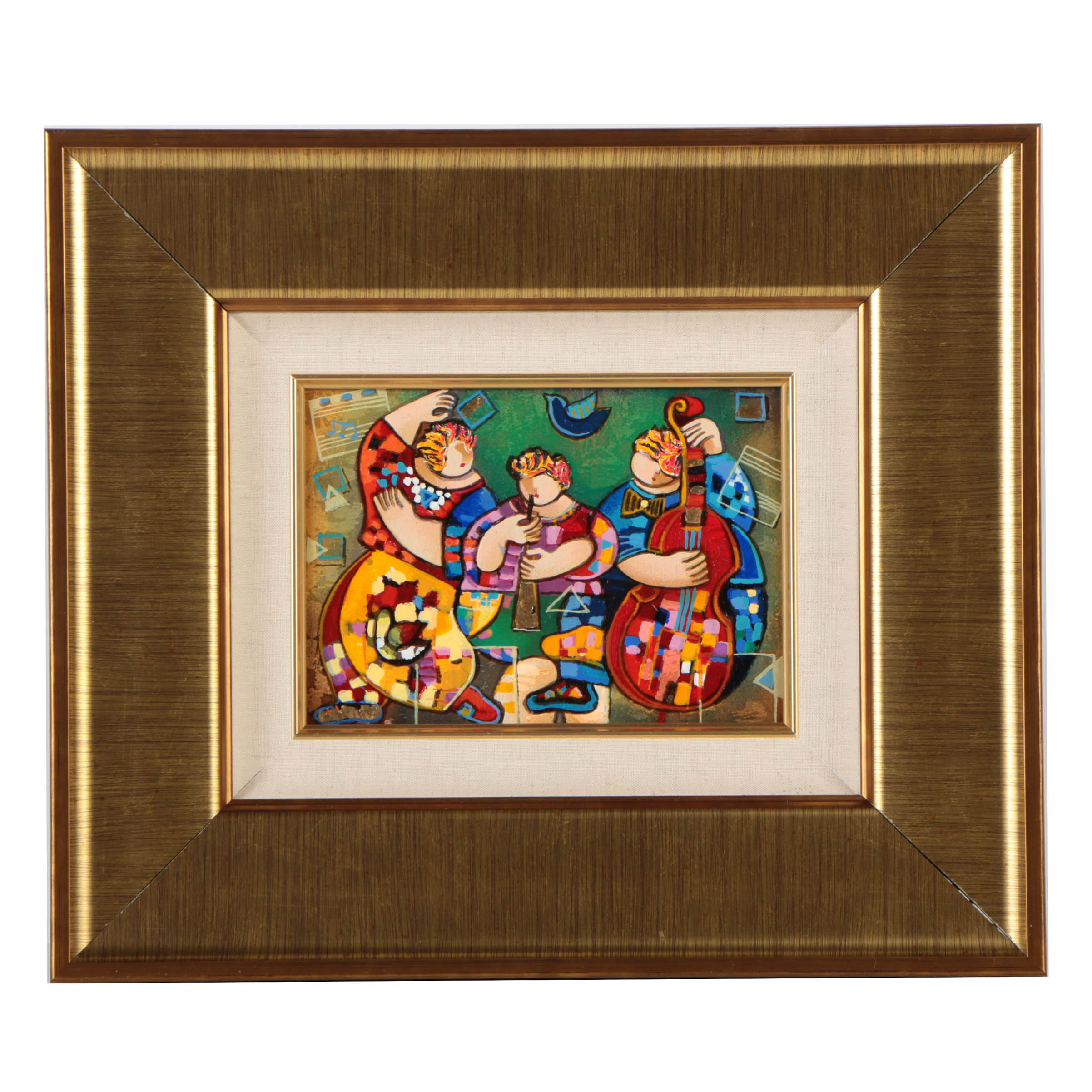 Dorit Levi Limited Edition Serigraph Print on Wood "The Trio of The Night"