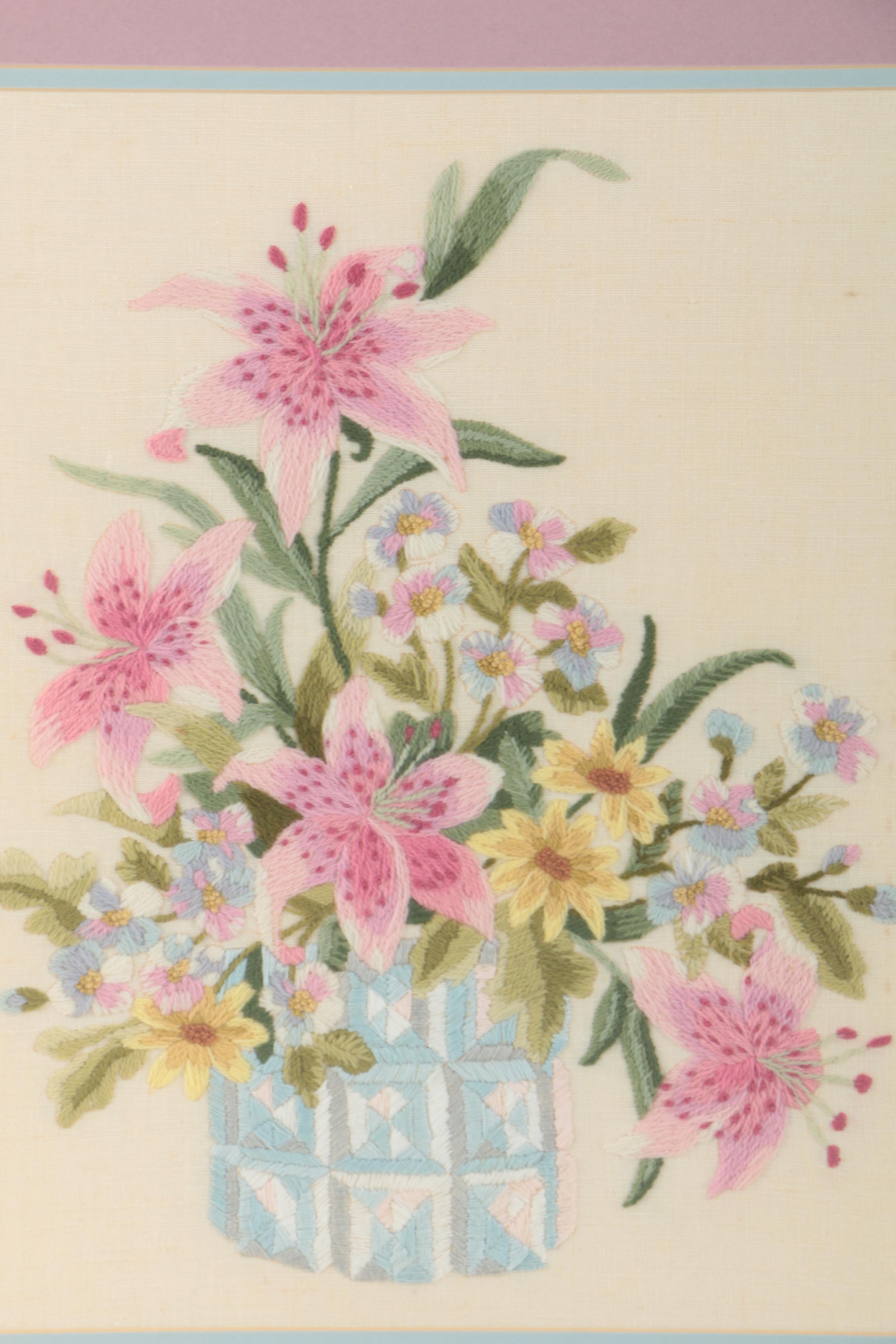 Marge Benn Hand-Embroidery on Linen of Flowers