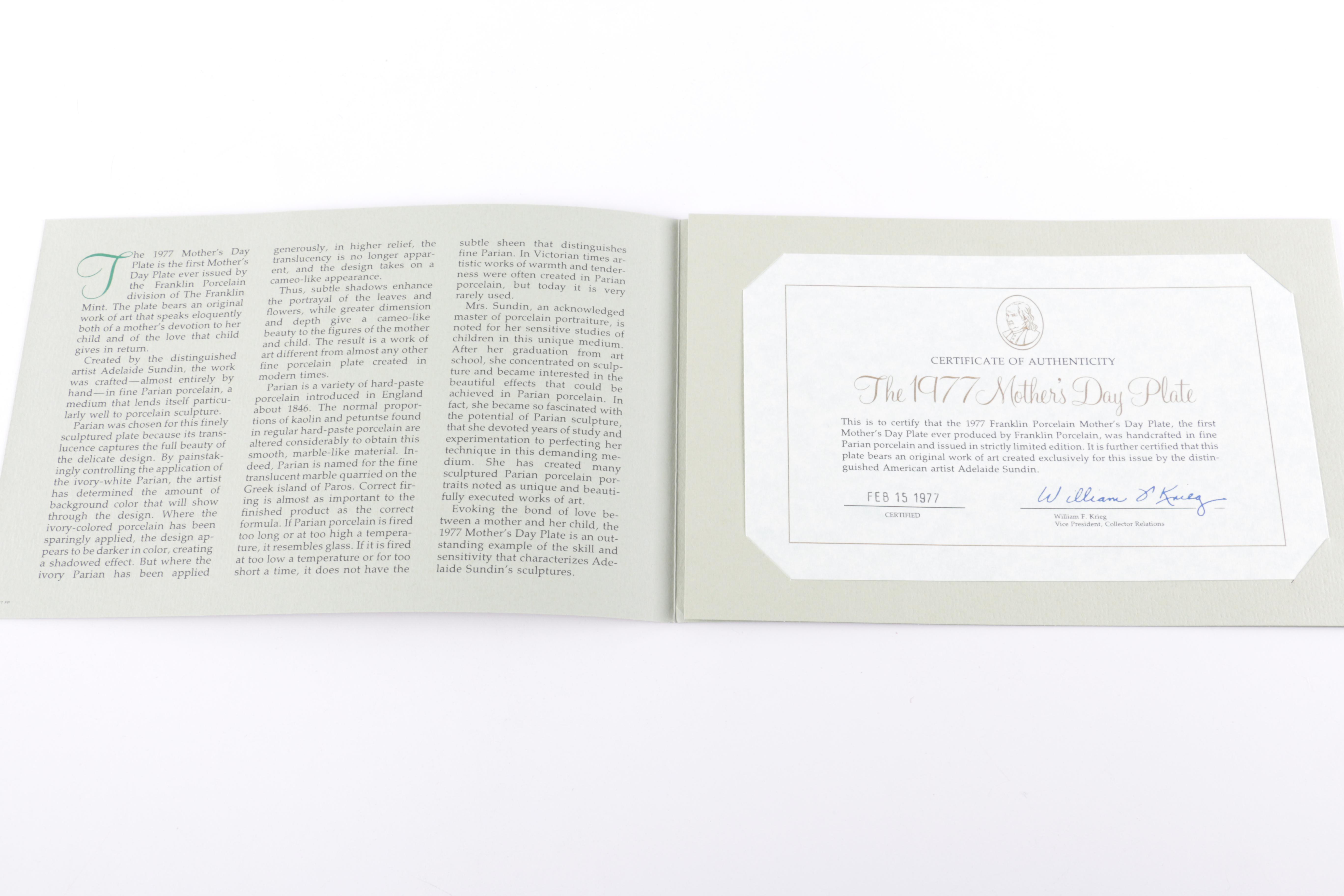 Franklin Mint 1977 "Mother's Day" Plate