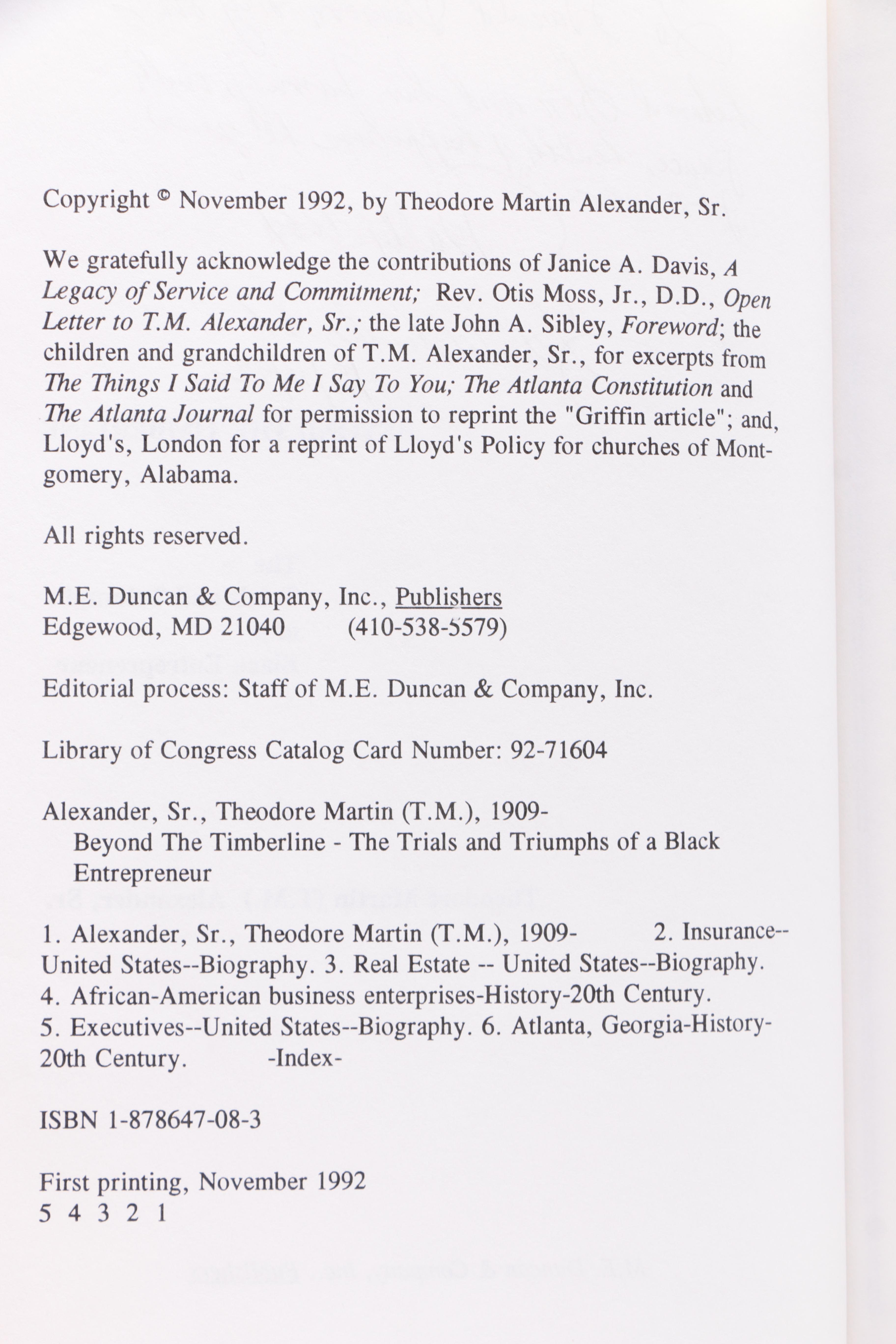 Signed "Beyond the Timberline" by T.M. Alexander