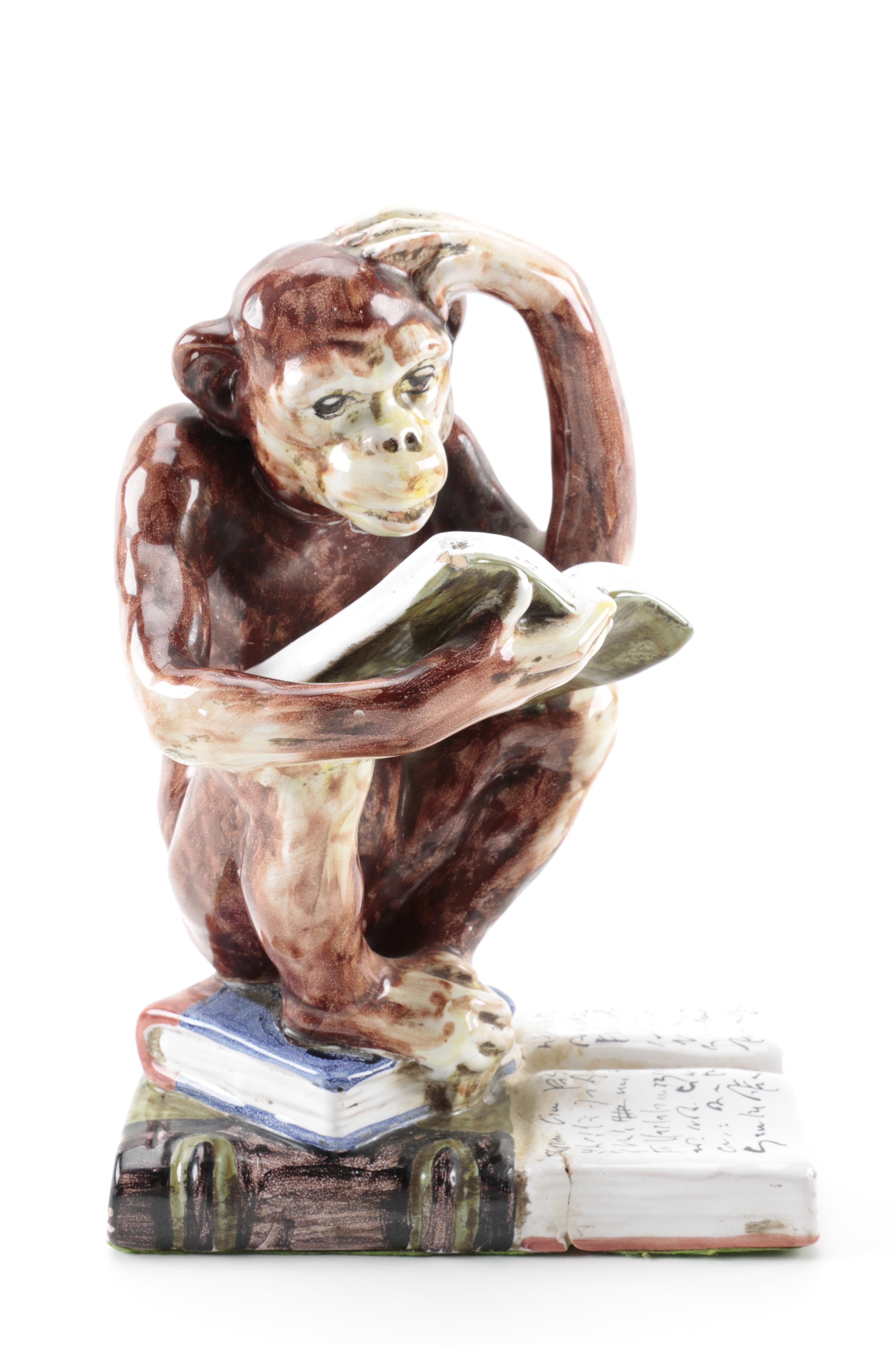 Italian Ceramic Reading Monkey Figurines