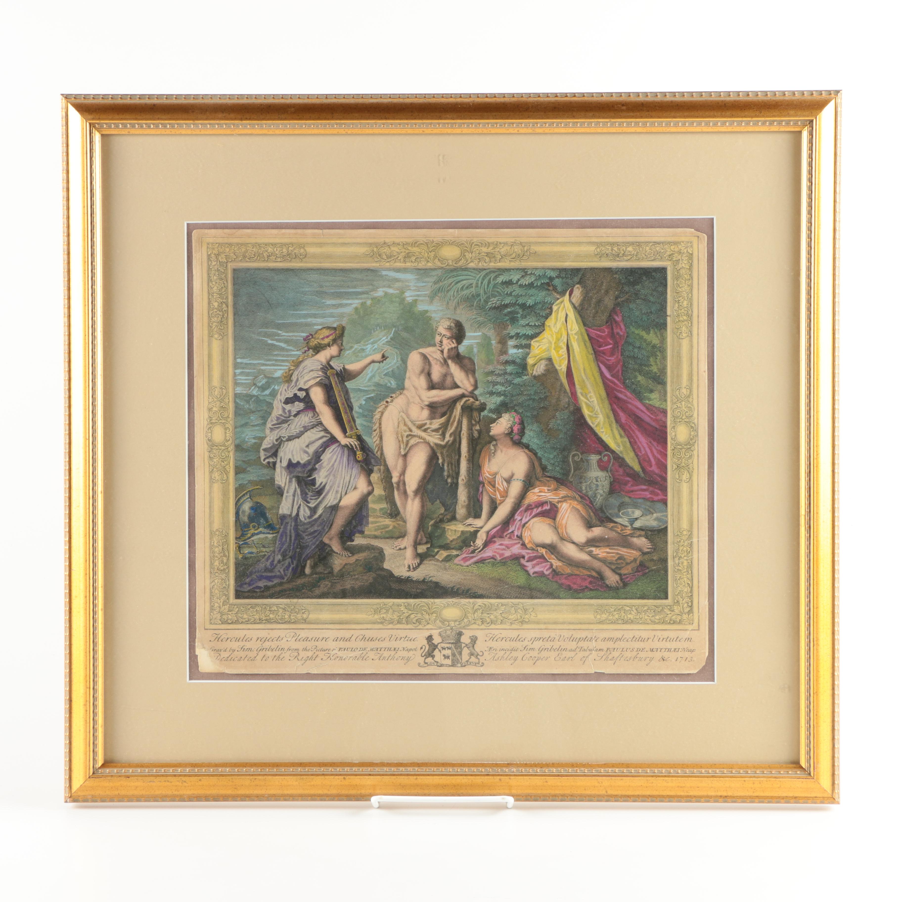 Simon Gribelin Hand-Colored Engraving "Hercules Rejects Pleasure and Chuses Virtue"