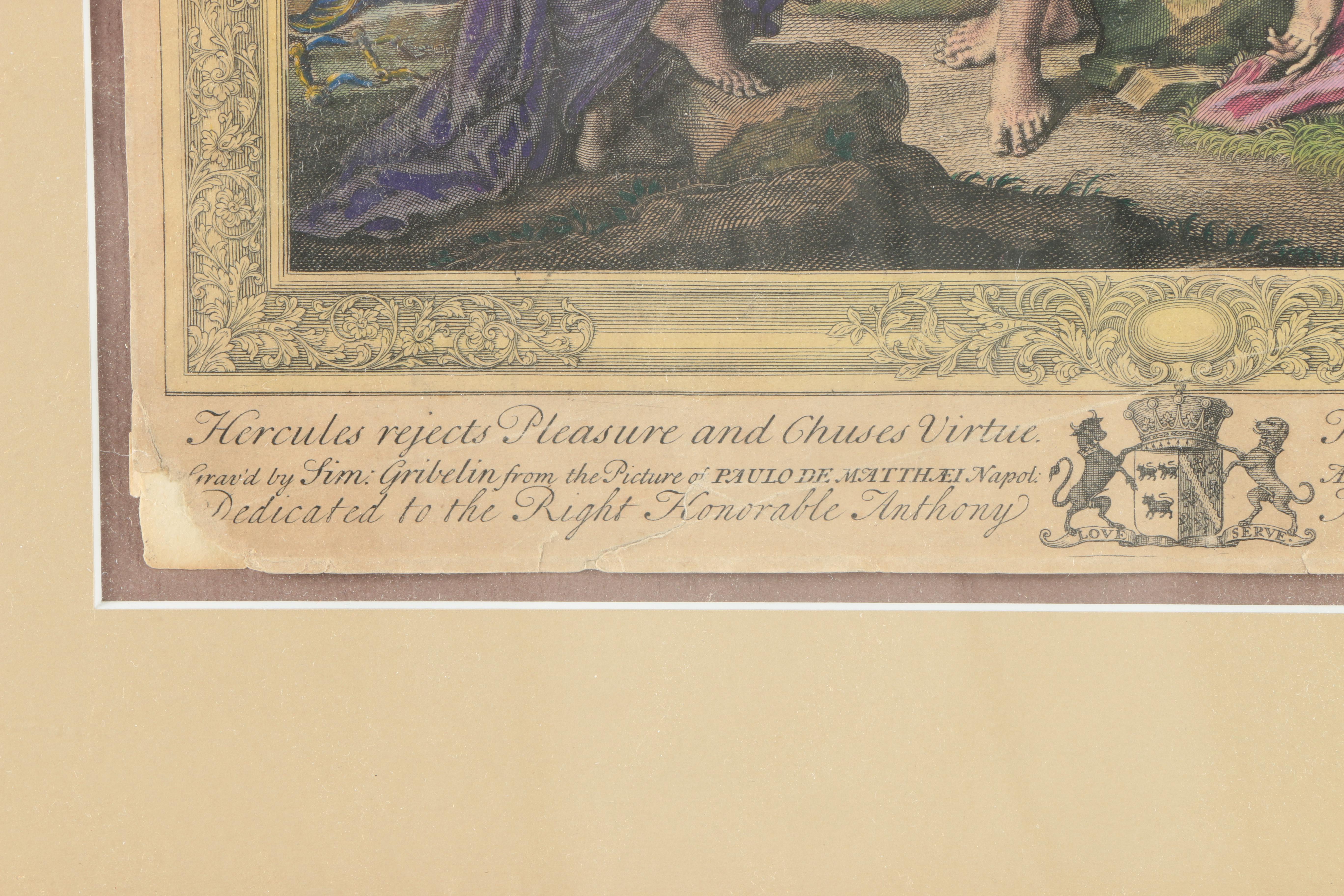 Simon Gribelin Hand-Colored Engraving "Hercules Rejects Pleasure and Chuses Virtue"