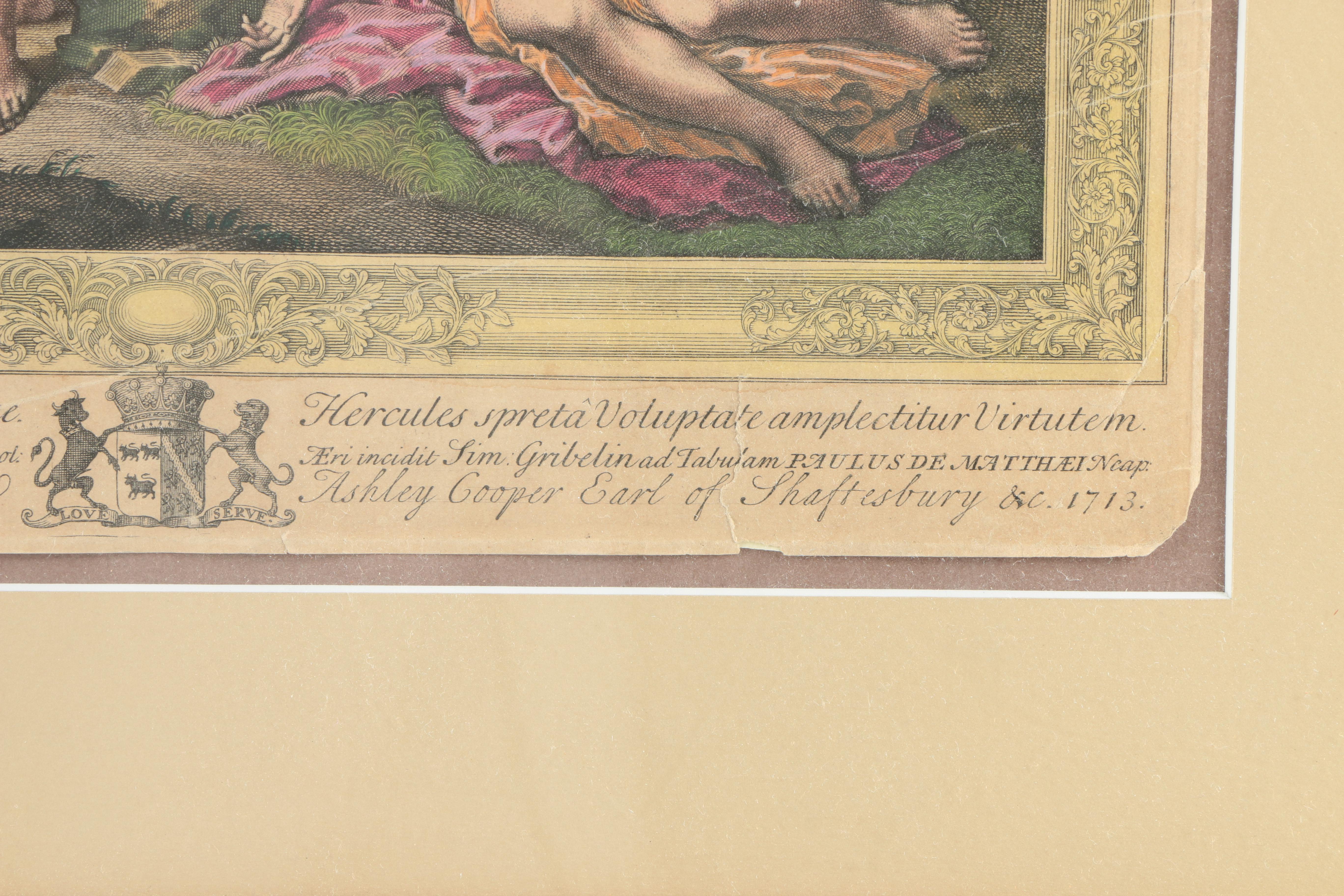 Simon Gribelin Hand-Colored Engraving "Hercules Rejects Pleasure and Chuses Virtue"