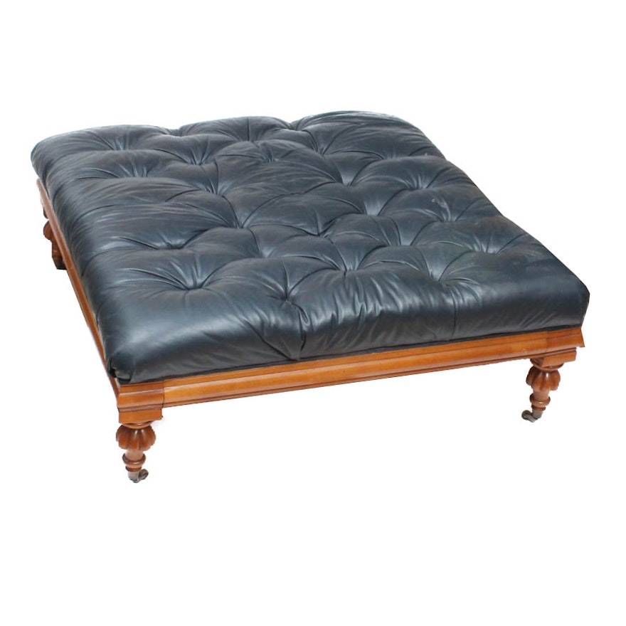 Oversize Tufted Blue Leather Ottoman