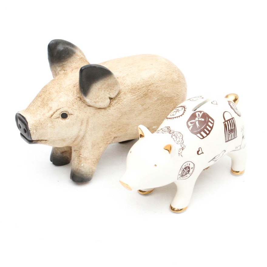 Carved Wood Piglet and Henri Bendel Bank