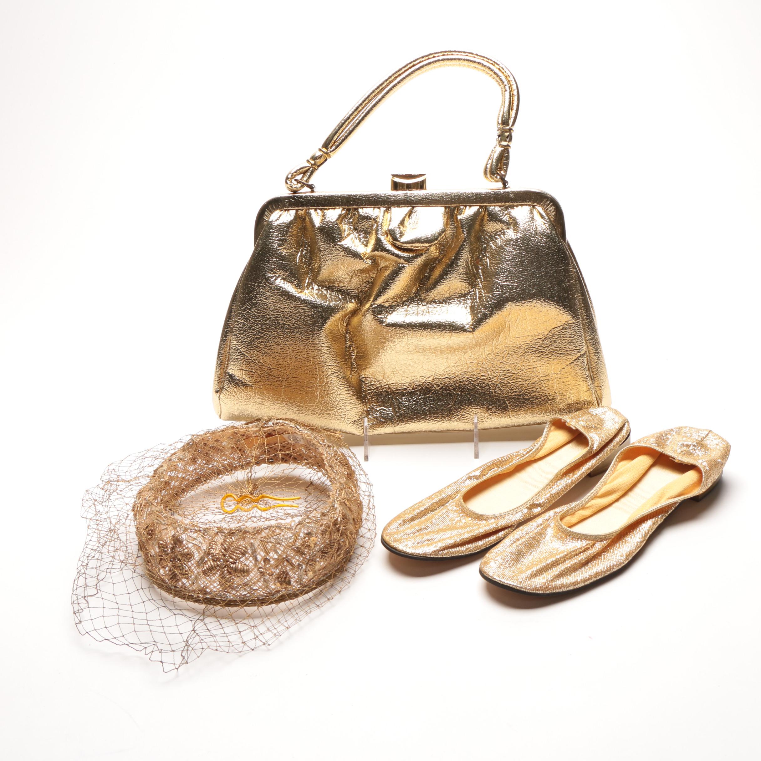 Metallic Gold Tone Vintage Purse, Hat, and Shoes