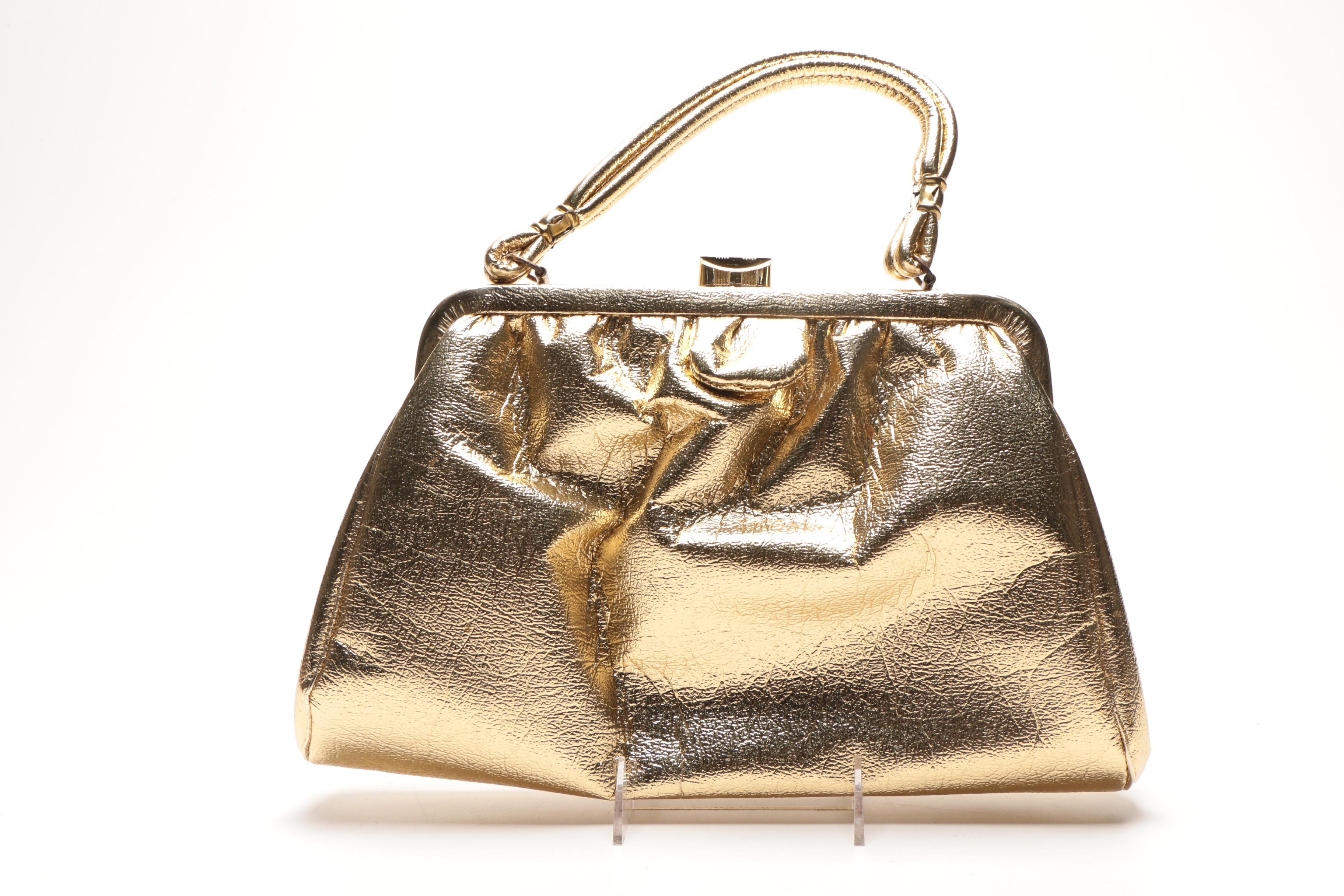 Metallic Gold Tone Vintage Purse, Hat, and Shoes