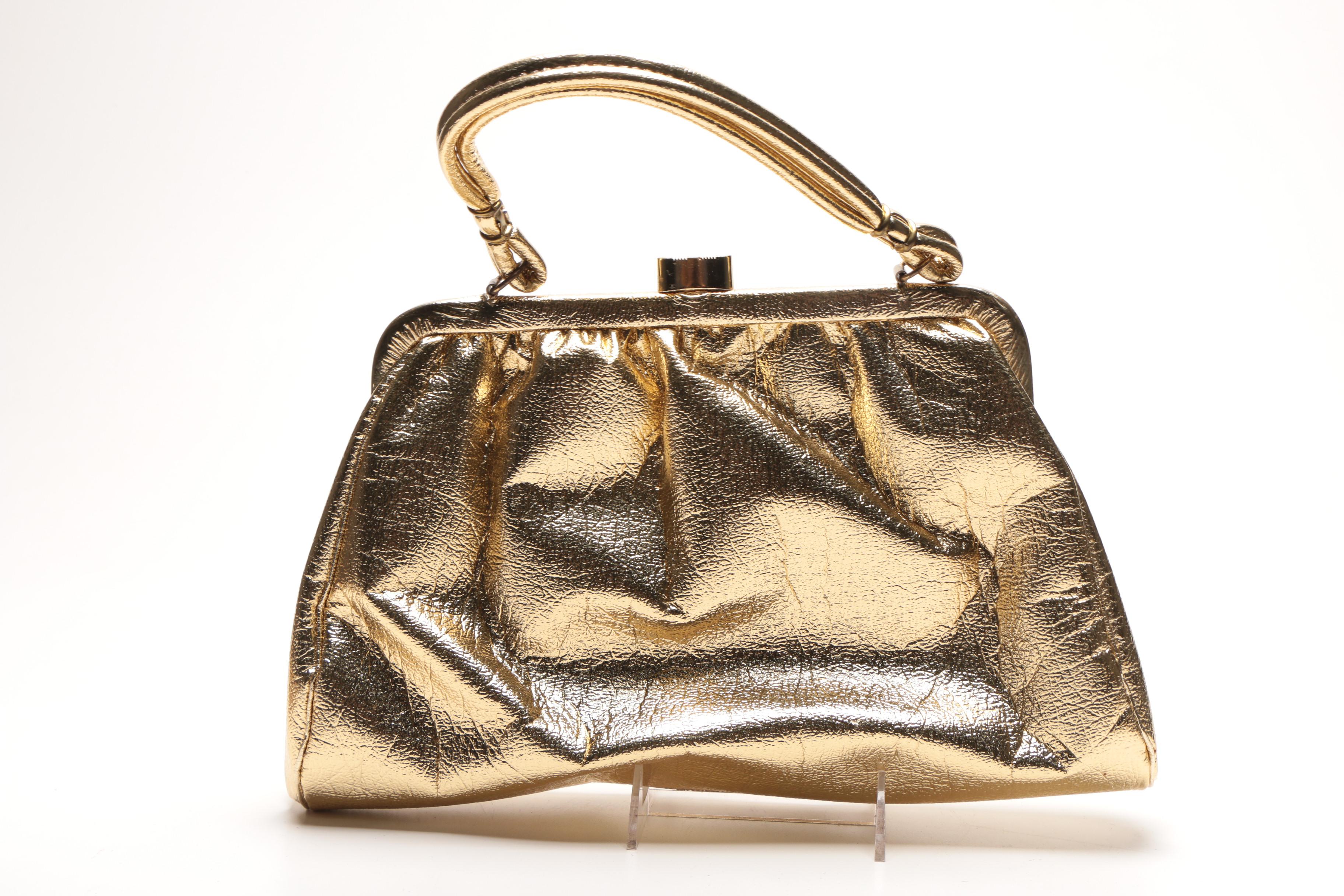 Metallic Gold Tone Vintage Purse, Hat, and Shoes
