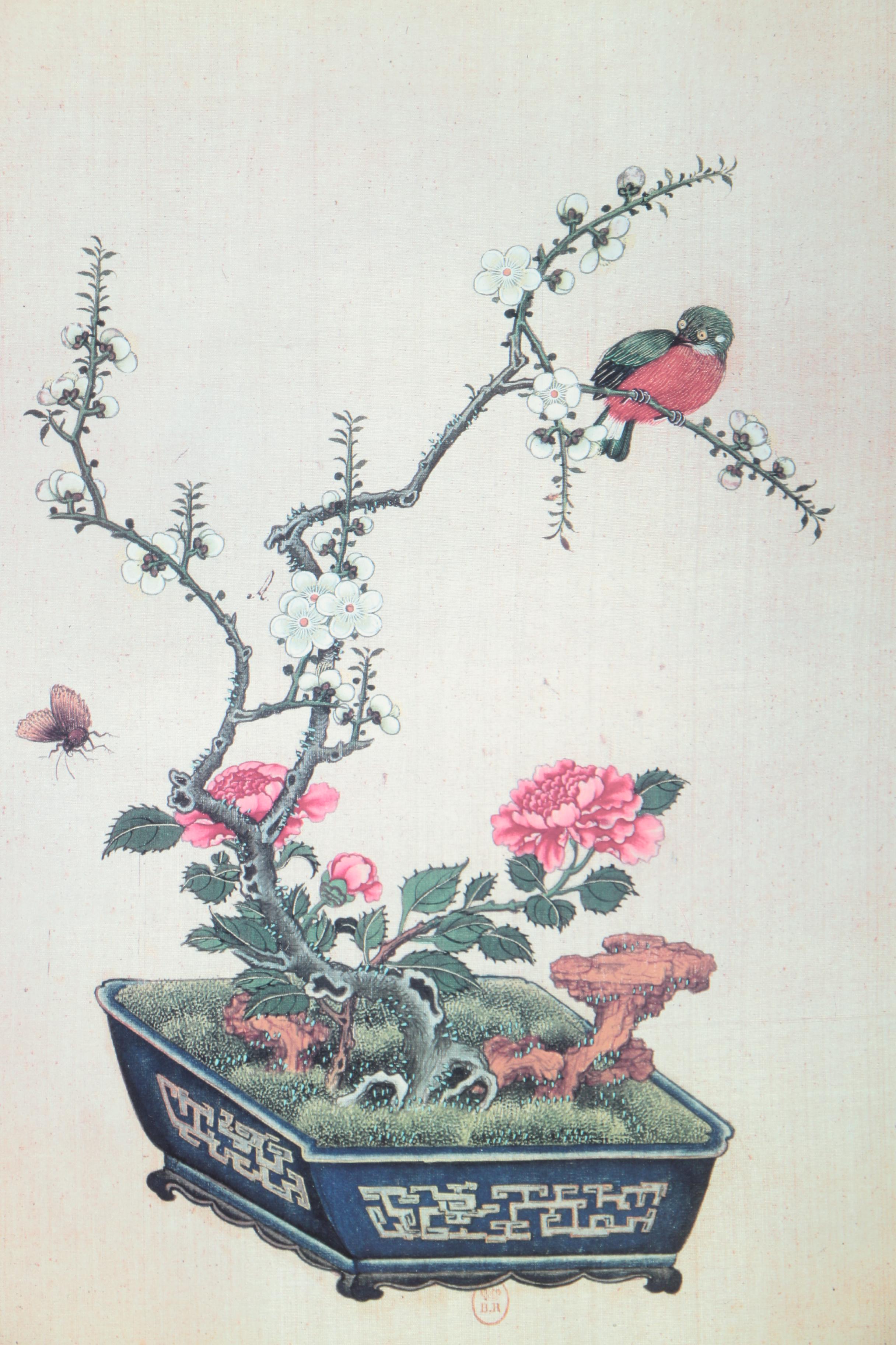 Offset Lithograph of a Small Bird on a Blossoming Plant