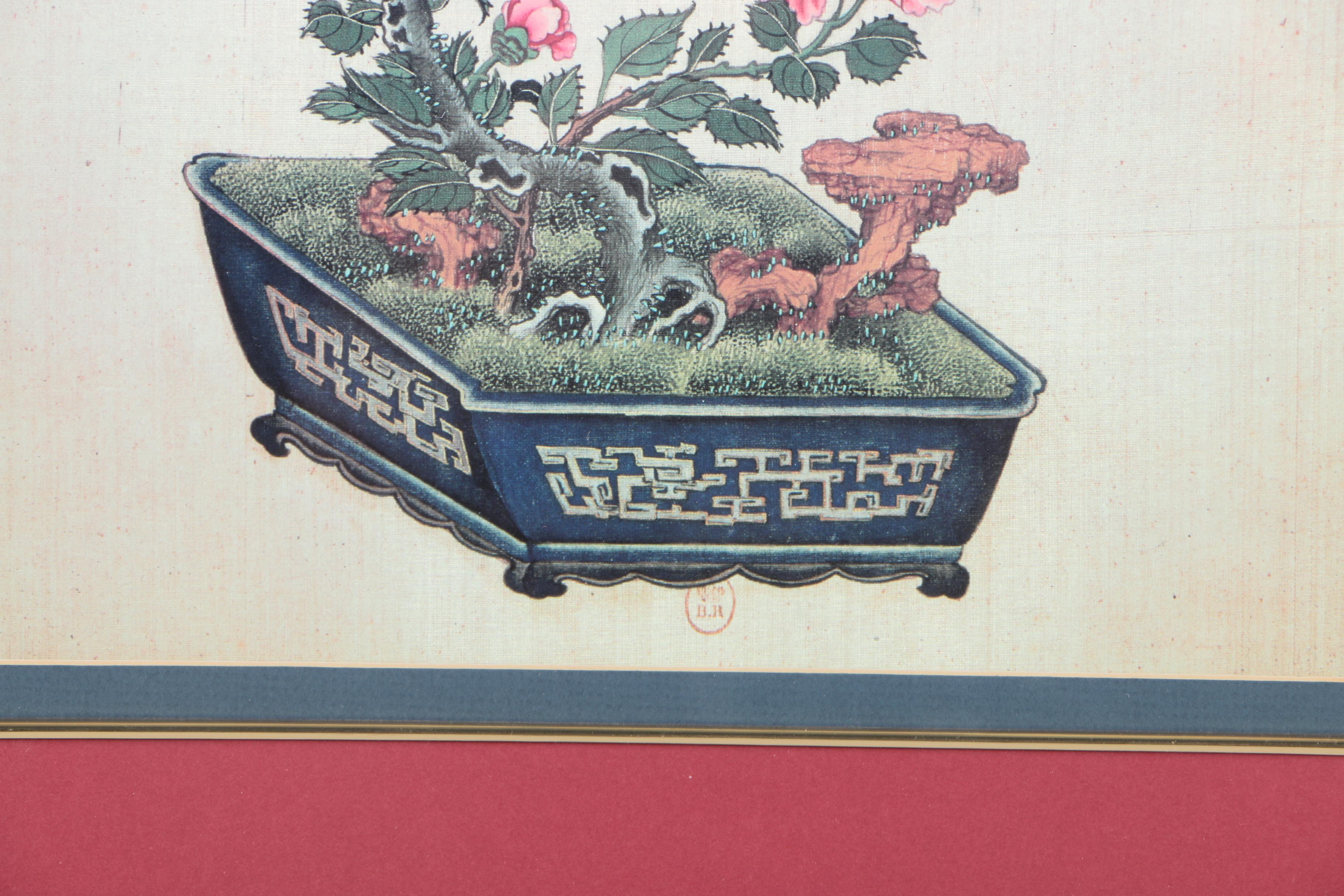 Offset Lithograph of a Small Bird on a Blossoming Plant