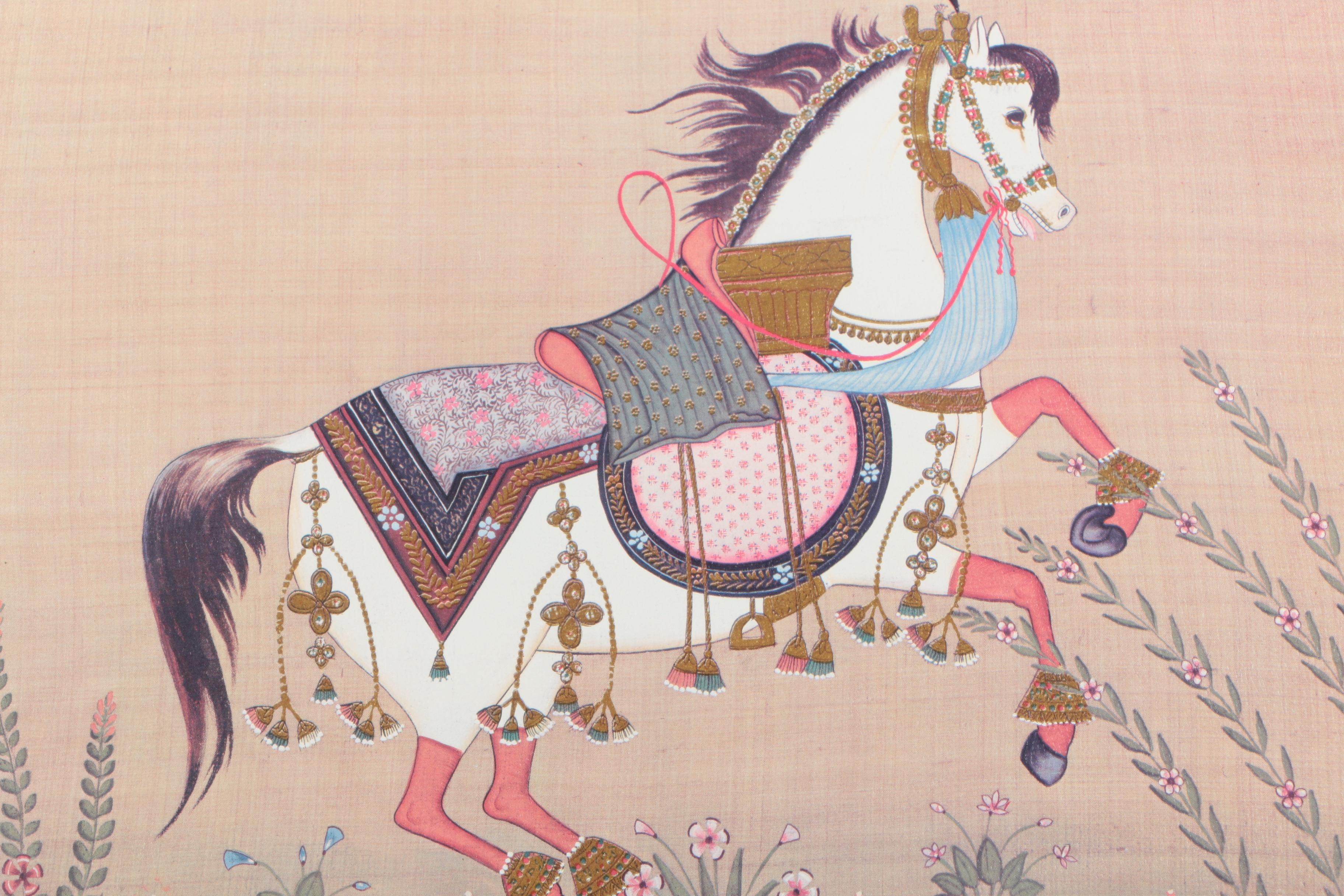 Offset Lithograph on Textured Paper of Saddled Horse in Asian Style