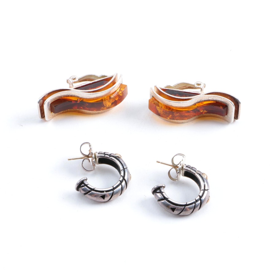 Sterling Silver Earrings Including a Pair With Amber Accents