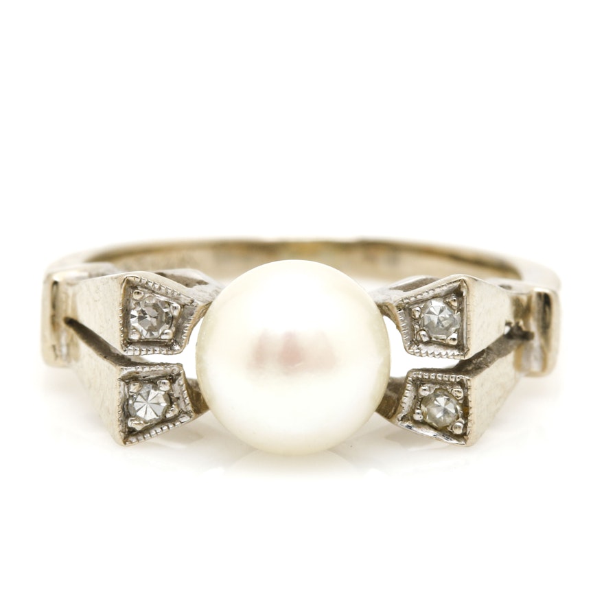 14K White Gold Pearl and Diamond Ring