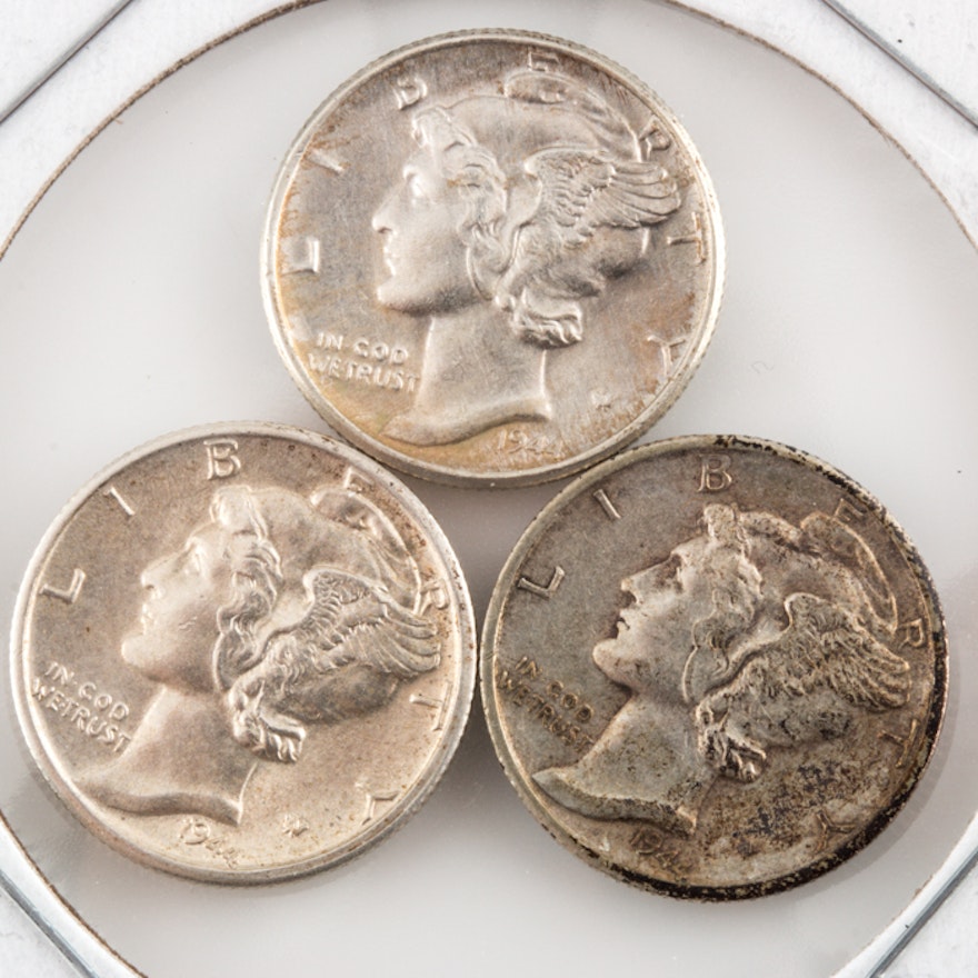 Group of Three Silver Mercury Dimes Including the Following: 1944, 1944 D, and 1944 S